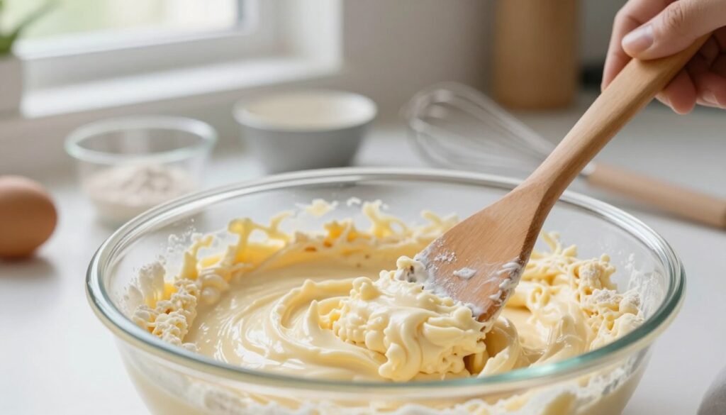 A close-up shot of a mixing bowl filled with a creamy yellow yogurt cake batter, showing the textures and ingredients like flour and eggs blending smoothly. In the foreground, a wooden spatula is gently folding the batter, demonstrating careful mixing techniques to maintain fluffiness. The middle ground features a bright, well-lit kitchen counter with baking tools such as measuring cups and a whisk, emphasizing a tidy, organized workspace. In the background, soft natural light floods through a window, creating a warm and inviting atmosphere that reflects a homey baking environment. The overall mood is calm and focused, showcasing the art of mixing without risking the cake’s airy quality. A close-up shot of a mixing bowl filled with a creamy yellow yogurt cake batter, showing the textures and ingredients like flour and eggs blending smoothly. In the foreground, a wooden spatula is gently folding the batter, demonstrating careful mixing techniques to maintain fluffiness. The middle ground features a bright, well-lit kitchen counter with baking tools such as measuring cups and a whisk, emphasizing a tidy, organized workspace. In the background, soft natural light floods through a window, creating a warm and inviting atmosphere that reflects a homey baking environment. The overall mood is calm and focused, showcasing the art of mixing without risking the cake’s airy quality.