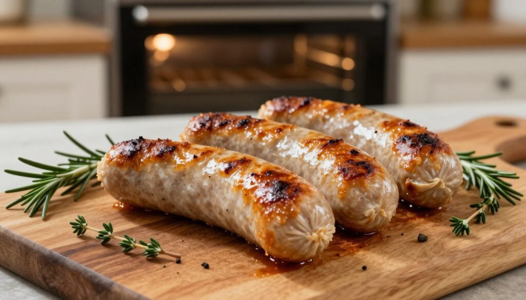 A close-up shot of golden-brown baked white sausage, glistening with a crispy, perfectly roasted skin. The sausage should be placed on a rustic wooden cutting board, surrounded by fresh herbs like rosemary and thyme, enhancing its appeal. In the background, an oven can be subtly seen, with the warm glow of light illuminating the kitchen, creating a cozy, inviting atmosphere. The scene is captured from a slightly elevated angle, focusing on the texture of the sausage, highlighting its delicious, evenly browned exterior. Soft, natural lighting enhances the warmth and richness of the colors, evoking a sense of home-cooked comfort and culinary mastery. A close-up shot of golden-brown baked white sausage, glistening with a crispy, perfectly roasted skin. The sausage should be placed on a rustic wooden cutting board, surrounded by fresh herbs like rosemary and thyme, enhancing its appeal. In the background, an oven can be subtly seen, with the warm glow of light illuminating the kitchen, creating a cozy, inviting atmosphere. The scene is captured from a slightly elevated angle, focusing on the texture of the sausage, highlighting its delicious, evenly browned exterior. Soft, natural lighting enhances the warmth and richness of the colors, evoking a sense of home-cooked comfort and culinary mastery.