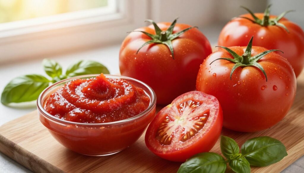 A close-up, vibrant composition of rich red ripe tomatoes on a wooden cutting board, with a small bowl of thick tomato puree beside them, glistening with freshness. In the background, sunlight filters through a kitchen window, casting a warm, inviting glow that highlights the textures of the tomatoes and the smoothness of the puree. Fresh basil leaves scattered around add a pop of green, enhancing the summery feel. The camera angle is slightly overhead, capturing the vivid colors and details of the scene, evoking a sense of warmth and abundance. The overall atmosphere is bright, cheerful, and culinary, perfect for illustrating the concept of using leftover tomato pulp in cooking. A close-up, vibrant composition of rich red ripe tomatoes on a wooden cutting board, with a small bowl of thick tomato puree beside them, glistening with freshness. In the background, sunlight filters through a kitchen window, casting a warm, inviting glow that highlights the textures of the tomatoes and the smoothness of the puree. Fresh basil leaves scattered around add a pop of green, enhancing the summery feel. The camera angle is slightly overhead, capturing the vivid colors and details of the scene, evoking a sense of warmth and abundance. The overall atmosphere is bright, cheerful, and culinary, perfect for illustrating the concept of using leftover tomato pulp in cooking.
