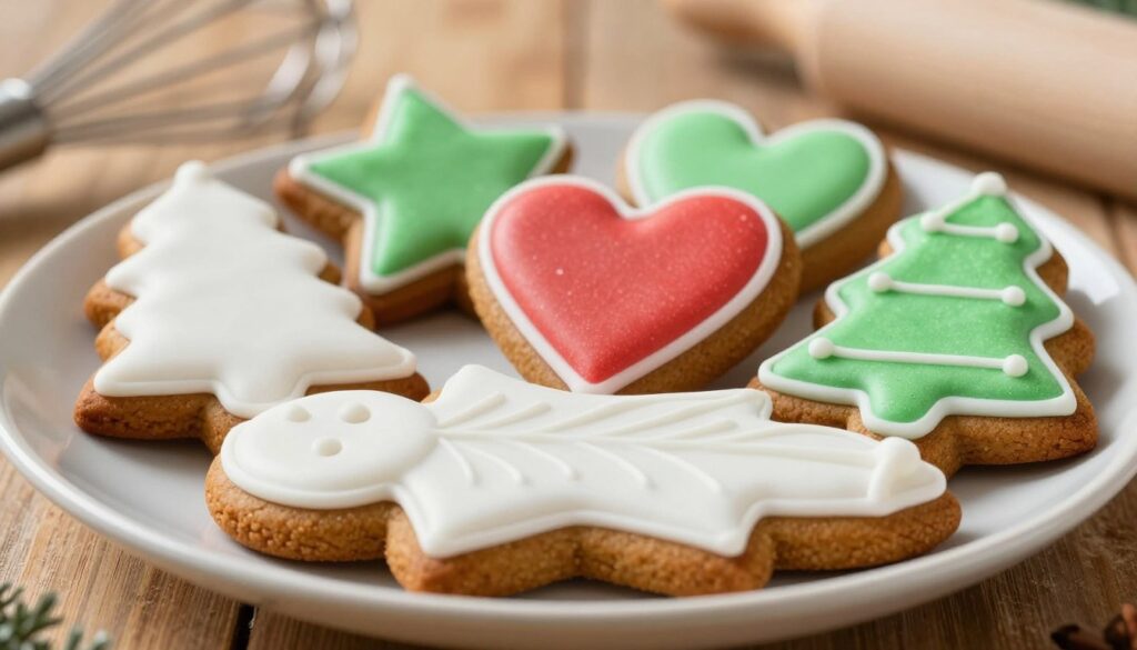 A close-up view of a beautifully arranged plate showcasing classic gingerbread icing, or "lukier klasyczny". The foreground features a smooth, glossy white icing in intricate patterns, with fine piping details emphasizing its texture. In the middle, several freshly decorated gingerbread cookies shaped like stars, hearts, and Christmas trees display rich colors, with the icing glistening under soft, natural lighting. The background softly blurs into a rustic kitchen setting, with warm wooden tones and hints of baking tools like a whisk and rolling pin, creating a cozy and inviting atmosphere. The mood is festive and cheerful, perfect for the holiday season, with a focus on the shiny, appealing appearance of the icing.