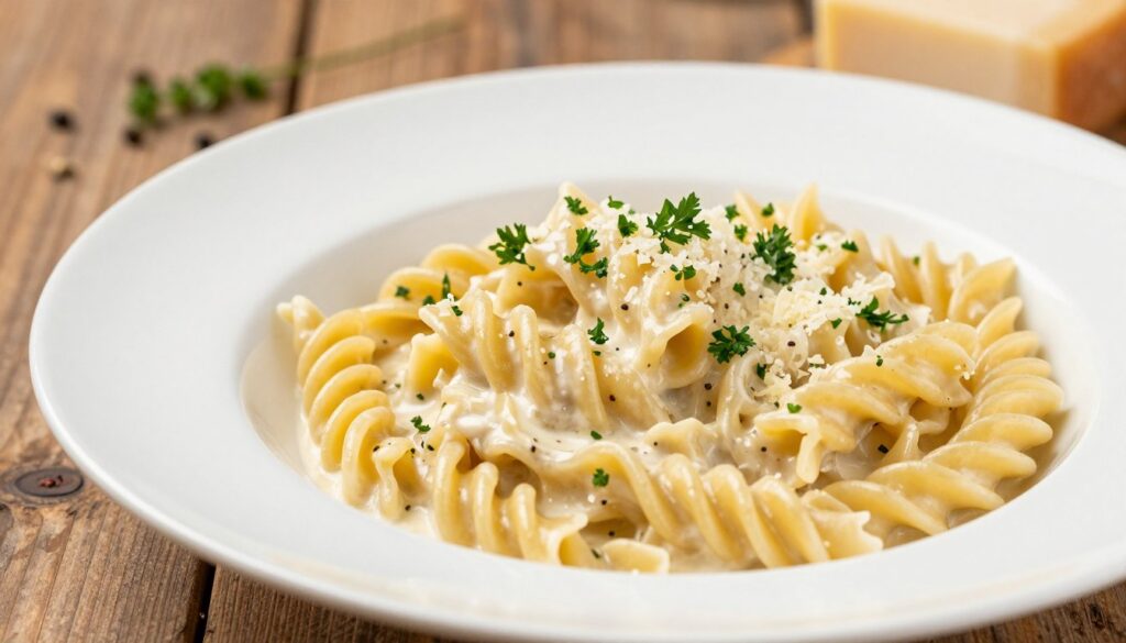 A close-up view of a beautifully presented plate of elegant Alfredo sauce pasta with parmesan cheese. The creamy sauce glistens under soft, warm lighting, highlighting its rich, velvety texture. The pasta is twirled artfully on a pristine white plate, garnished with finely chopped parsley for a pop of green. In the background, a rustic wooden table enhances the cozy atmosphere, with faint hints of Italian herbs and spices scattered artistically. The scene is captured at a slight angle, using a shallow depth of field to keep the focus on the delicious pasta, creating an inviting and gourmet feel. The overall mood is sophisticated and appetizing, perfect for a culinary presentation. A close-up view of a beautifully presented plate of elegant Alfredo sauce pasta with parmesan cheese. The creamy sauce glistens under soft, warm lighting, highlighting its rich, velvety texture. The pasta is twirled artfully on a pristine white plate, garnished with finely chopped parsley for a pop of green. In the background, a rustic wooden table enhances the cozy atmosphere, with faint hints of Italian herbs and spices scattered artistically. The scene is captured at a slight angle, using a shallow depth of field to keep the focus on the delicious pasta, creating an inviting and gourmet feel. The overall mood is sophisticated and appetizing, perfect for a culinary presentation.