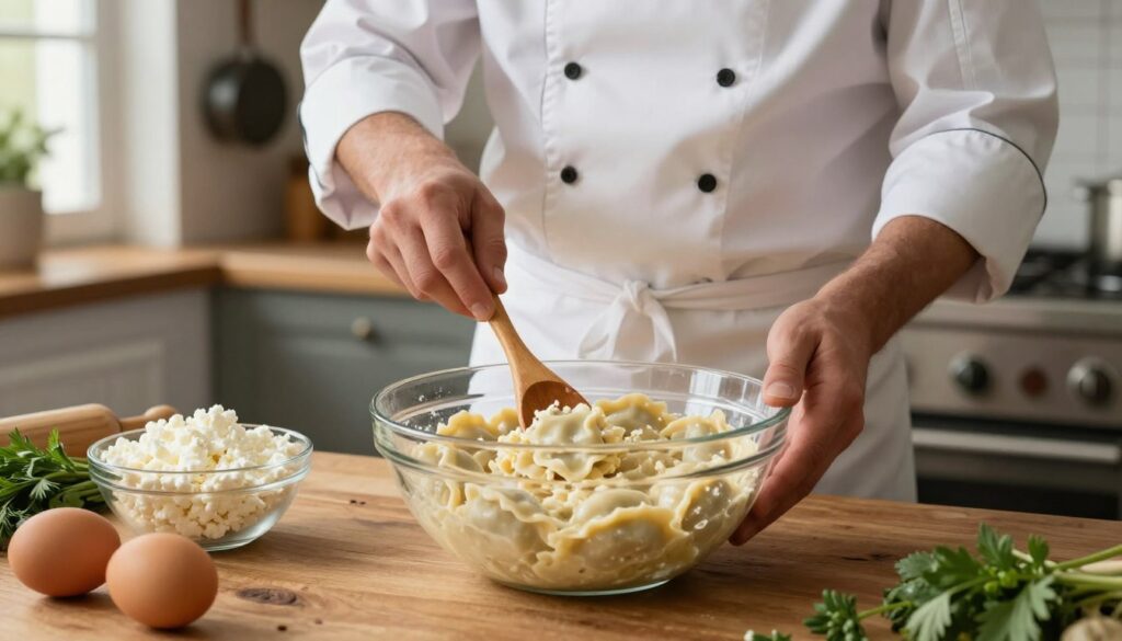 A close-up view of a chef, dressed in a white professional chef's jacket and apron, intently mixing a creamy cheese filling for pierogi in a large glass bowl on a rustic wooden kitchen table. In the foreground, show a wooden spoon stirring the filling with visible textures and richness. The middle ground features ingredients like cottage cheese, eggs, and herbs artfully arranged around the bowl. The background includes a softly lit kitchen with hanging pots and a window casting warm natural light. The atmosphere is cozy and inviting, emphasizing the artisanal craft of cooking, perfect for illustrating techniques to thicken pierogi filling. A close-up view of a chef, dressed in a white professional chef's jacket and apron, intently mixing a creamy cheese filling for pierogi in a large glass bowl on a rustic wooden kitchen table. In the foreground, show a wooden spoon stirring the filling with visible textures and richness. The middle ground features ingredients like cottage cheese, eggs, and herbs artfully arranged around the bowl. The background includes a softly lit kitchen with hanging pots and a window casting warm natural light. The atmosphere is cozy and inviting, emphasizing the artisanal craft of cooking, perfect for illustrating techniques to thicken pierogi filling.