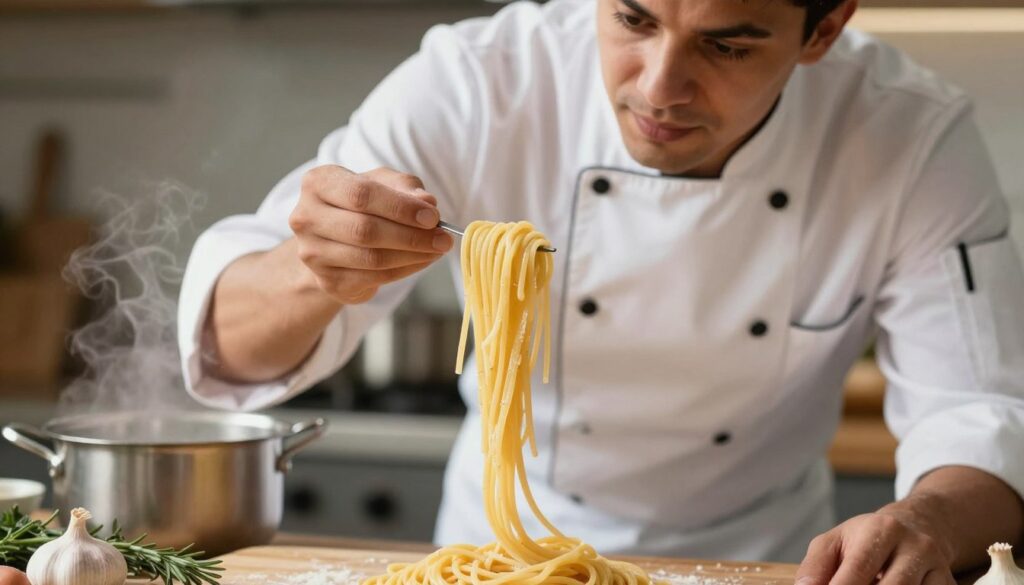 A close-up view of a chef holding a piece of cooked spaghetti between their fingers, showcasing the texture and firmness of the pasta to demonstrate "al dente" perfection. The chef is wearing a professional white chef's coat and a neat apron, with focused concentration on their face, highlighting the importance of timing in pasta preparation. In the background, a pot of bubbling water sits on a stove, and scattered ingredients like garlic and herbs are artistically arranged on a wooden counter. Soft, warm kitchen lighting creates an inviting atmosphere, while the depth of field emphasizes the spaghetti in the foreground. Use a shallow focus to blur the background slightly, enhancing the clarity of the pasta and chef’s expression, evoking a mood of culinary expertise and passion. A close-up view of a chef holding a piece of cooked spaghetti between their fingers, showcasing the texture and firmness of the pasta to demonstrate "al dente" perfection. The chef is wearing a professional white chef's coat and a neat apron, with focused concentration on their face, highlighting the importance of timing in pasta preparation. In the background, a pot of bubbling water sits on a stove, and scattered ingredients like garlic and herbs are artistically arranged on a wooden counter. Soft, warm kitchen lighting creates an inviting atmosphere, while the depth of field emphasizes the spaghetti in the foreground. Use a shallow focus to blur the background slightly, enhancing the clarity of the pasta and chef’s expression, evoking a mood of culinary expertise and passion.