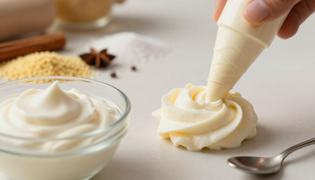 A close-up view of a creamy, fluffy "krem grysikowy" being elegantly piped onto a smooth surface, with a delicate swirl capturing its light texture. In the foreground, a glass bowl filled with the rich, white cream, with a spoon resting beside it, showcasing the inviting sheen. The middle ground features scattered ingredients like semolina, sugar, and spices, hinting at the preparation process, and perhaps a cinnamon stick for a warm touch. The background includes soft, warm lighting that creates a cozy kitchen ambiance, highlighting the creamy texture and inviting the viewer into the experience of making this delightful topping. The image is bright yet intimate, evoking a sense of homely warmth and culinary art. A close-up view of a creamy, fluffy "krem grysikowy" being elegantly piped onto a smooth surface, with a delicate swirl capturing its light texture. In the foreground, a glass bowl filled with the rich, white cream, with a spoon resting beside it, showcasing the inviting sheen. The middle ground features scattered ingredients like semolina, sugar, and spices, hinting at the preparation process, and perhaps a cinnamon stick for a warm touch. The background includes soft, warm lighting that creates a cozy kitchen ambiance, highlighting the creamy texture and inviting the viewer into the experience of making this delightful topping. The image is bright yet intimate, evoking a sense of homely warmth and culinary art.