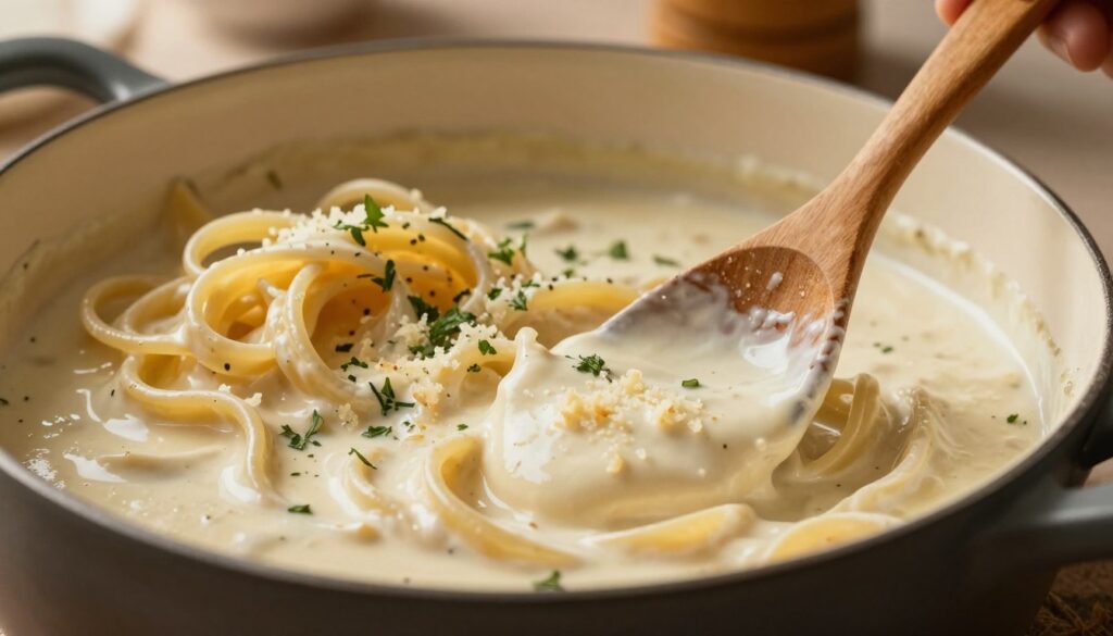 A close-up view of a creamy pasta dish featuring a thick, smooth cream sauce, garnished with fresh herbs and a sprinkle of grated cheese. In the foreground, a wooden spoon stirs the sauce in a rustic pot, showcasing the glossy texture of the cream. In the middle ground, a bowl of cooked pasta is elegantly placed, intertwined with the creamy sauce, hinting at its rich flavor. Soft, warm lighting illuminates the scene, creating inviting shadows and highlights that enhance the dish's appetizing appearance. In the background, a blurred kitchen setting adds a homey atmosphere, complete with subtle hints of kitchen utensils and ingredients, reinforcing the theme of culinary expertise in mastering cream techniques. The overall mood is warm and inviting, perfect for a culinary article. A close-up view of a creamy pasta dish featuring a thick, smooth cream sauce, garnished with fresh herbs and a sprinkle of grated cheese. In the foreground, a wooden spoon stirs the sauce in a rustic pot, showcasing the glossy texture of the cream. In the middle ground, a bowl of cooked pasta is elegantly placed, intertwined with the creamy sauce, hinting at its rich flavor. Soft, warm lighting illuminates the scene, creating inviting shadows and highlights that enhance the dish's appetizing appearance. In the background, a blurred kitchen setting adds a homey atmosphere, complete with subtle hints of kitchen utensils and ingredients, reinforcing the theme of culinary expertise in mastering cream techniques. The overall mood is warm and inviting, perfect for a culinary article.