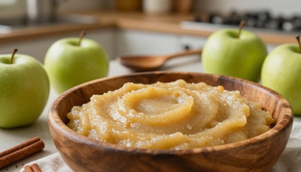 A close-up view of a delicious, creamy apple puree, known as "mus jabłkowy," freshly prepared and glistening with a natural sheen, showcasing its smooth texture. The foreground features a rustic wooden bowl filled with the puree, surrounded by a few fresh, vibrant green apples and a sprinkle of cinnamon sticks, indicating natural thickening agents. The middle ground includes a blurred kitchen countertop with kitchen tools like a wooden spoon and measuring cups, hinting at the preparation process. In the background, softly lit with warm, ambient lighting, hints of a cozy kitchen setting create an inviting atmosphere. The lens should capture the details of the apple puree's texture and color, presenting a homely, wholesome feel, ideal for an article about creating a perfect filling for apple pie without compromising on quality.