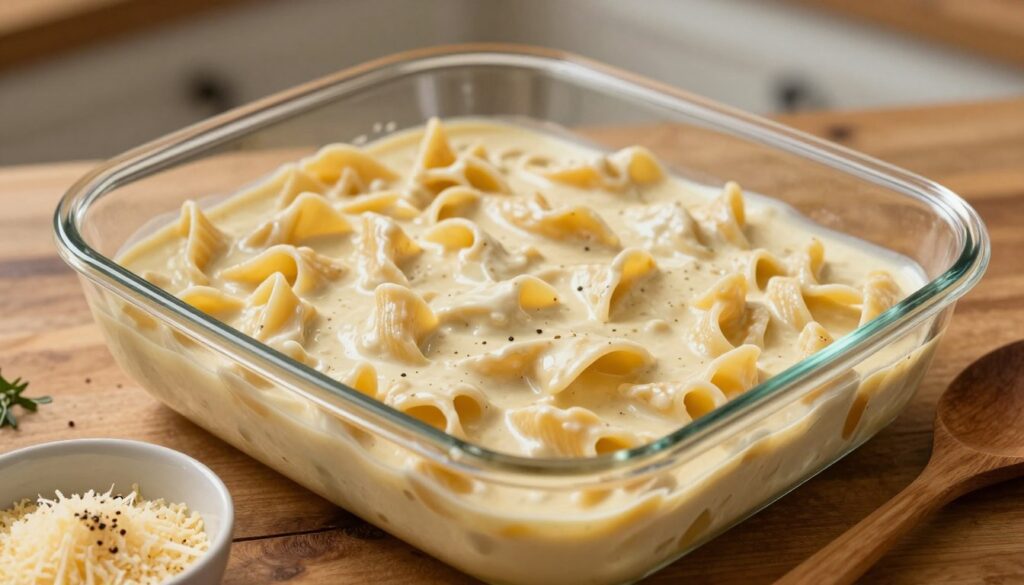 A close-up view of a glass baking dish filled with creamy pasta surrounded by a rich, dense sauce, showcasing various techniques for thickening the sauce. The dish is positioned on a rustic wooden kitchen table, with a wooden spoon resting beside it, hinting at a home-cooked atmosphere. In the foreground, a small bowl filled with grated cheese, fresh herbs, and a sprinkle of black pepper adds an appetizing touch. The background features a softly blurred kitchen setting with warm, inviting lighting that creates a cozy mood, evoking the feeling of a family gathering. Capture this scene from an overhead angle, emphasizing the textures of the sauce and the creaminess of the pasta, while ensuring a focus on the culinary craftsmanship involved. A close-up view of a glass baking dish filled with creamy pasta surrounded by a rich, dense sauce, showcasing various techniques for thickening the sauce. The dish is positioned on a rustic wooden kitchen table, with a wooden spoon resting beside it, hinting at a home-cooked atmosphere. In the foreground, a small bowl filled with grated cheese, fresh herbs, and a sprinkle of black pepper adds an appetizing touch. The background features a softly blurred kitchen setting with warm, inviting lighting that creates a cozy mood, evoking the feeling of a family gathering. Capture this scene from an overhead angle, emphasizing the textures of the sauce and the creaminess of the pasta, while ensuring a focus on the culinary craftsmanship involved.
