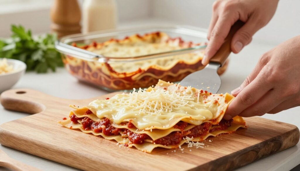 A close-up view of a hands-on cooking scene, showcasing the process of layering lasagna in a well-lit kitchen environment. In the foreground, a wooden cutting board holds sheets of pasta, rich marinara sauce, creamy béchamel, and a mix of grated cheese. A pair of hands, equipped with a spatula, carefully adds each layer, capturing the essence of culinary craftsmanship. The middle ground depicts a partially assembled lasagna in a glass baking dish, with layers clearly visible, highlighting the harmonious combination of textures. The background has soft-focus kitchen elements, such as herbs and cooking tools, enhancing the warm, inviting atmosphere. The lighting is bright and natural, emphasizing the freshness of the ingredients, creating an appetizing and homely vibe. A close-up view of a hands-on cooking scene, showcasing the process of layering lasagna in a well-lit kitchen environment. In the foreground, a wooden cutting board holds sheets of pasta, rich marinara sauce, creamy béchamel, and a mix of grated cheese. A pair of hands, equipped with a spatula, carefully adds each layer, capturing the essence of culinary craftsmanship. The middle ground depicts a partially assembled lasagna in a glass baking dish, with layers clearly visible, highlighting the harmonious combination of textures. The background has soft-focus kitchen elements, such as herbs and cooking tools, enhancing the warm, inviting atmosphere. The lighting is bright and natural, emphasizing the freshness of the ingredients, creating an appetizing and homely vibe.