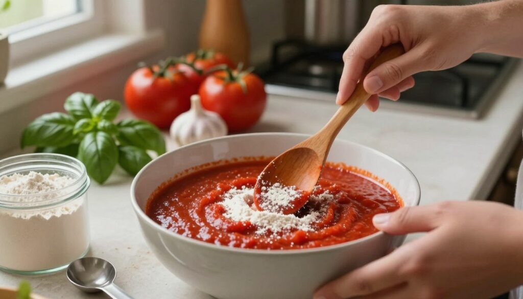 A close-up view of a hands-on kitchen scene featuring a bowl of rich, thick tomato sauce being stirred. In the foreground, a hand is sprinkling flour into the sauce with a wooden spoon, demonstrating the thickening process. A small container of flour and a measuring spoon are placed beside the bowl. The background reveals a rustic kitchen countertop with fresh ingredients like basil leaves, garlic, and ripe tomatoes, softly blurred to emphasize the action in the foreground. Warm, natural lighting filters in through a nearby window, creating an inviting and cozy atmosphere. The image has a slightly shallow depth of field to focus on the hand and the sauce while suggesting a homey cooking environment. A close-up view of a hands-on kitchen scene featuring a bowl of rich, thick tomato sauce being stirred. In the foreground, a hand is sprinkling flour into the sauce with a wooden spoon, demonstrating the thickening process. A small container of flour and a measuring spoon are placed beside the bowl. The background reveals a rustic kitchen countertop with fresh ingredients like basil leaves, garlic, and ripe tomatoes, softly blurred to emphasize the action in the foreground. Warm, natural lighting filters in through a nearby window, creating an inviting and cozy atmosphere. The image has a slightly shallow depth of field to focus on the hand and the sauce while suggesting a homey cooking environment.
