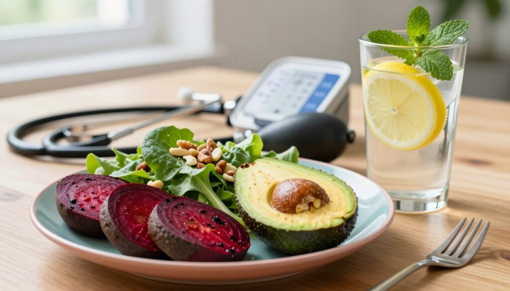 A close-up view of a healthy meal that visually represents factors influencing blood pressure, arranged beautifully on a wooden table. In the foreground, a colorful plate showcases roasted beets, avocados, leafy greens, and a sprinkle of nuts, symbolizing high potassium and magnesium content. Next to the plate, a glass of water infused with lemon slices and a sprig of mint reflects hydration. In the middle ground, a stethoscope and blood pressure monitor subtly indicate the health theme. In the background, soft natural light filters through a window, creating a warm, inviting atmosphere. The image should evoke a sense of health and well-being, with vibrant colors and a clean composition. No people or text should be included in the scene. A close-up view of a healthy meal that visually represents factors influencing blood pressure, arranged beautifully on a wooden table. In the foreground, a colorful plate showcases roasted beets, avocados, leafy greens, and a sprinkle of nuts, symbolizing high potassium and magnesium content. Next to the plate, a glass of water infused with lemon slices and a sprig of mint reflects hydration. In the middle ground, a stethoscope and blood pressure monitor subtly indicate the health theme. In the background, soft natural light filters through a window, creating a warm, inviting atmosphere. The image should evoke a sense of health and well-being, with vibrant colors and a clean composition. No people or text should be included in the scene.