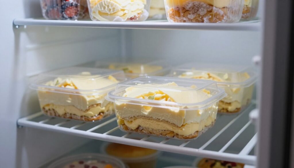 A close-up view of a modern kitchen freezer, showcasing a beautifully arranged container of cream-filled pastry resting on a shelf. The pastry, resembling a layered cake with rich vanilla custard, is partially covered with a clear lid, allowing its creamy texture and appealing design to peek through. The frosted interior of the freezer glistens under soft, cool lighting, emphasizing the freshness of the dessert. In the background, slightly blurred, are various other neatly organized frozen items, hinting at a well-stocked kitchen. The atmosphere is peaceful and inviting, exuding a sense of culinary care and preservation. The image should be sharply focused, with a slight vignette effect to draw attention to the creamy dessert. A close-up view of a modern kitchen freezer, showcasing a beautifully arranged container of cream-filled pastry resting on a shelf. The pastry, resembling a layered cake with rich vanilla custard, is partially covered with a clear lid, allowing its creamy texture and appealing design to peek through. The frosted interior of the freezer glistens under soft, cool lighting, emphasizing the freshness of the dessert. In the background, slightly blurred, are various other neatly organized frozen items, hinting at a well-stocked kitchen. The atmosphere is peaceful and inviting, exuding a sense of culinary care and preservation. The image should be sharply focused, with a slight vignette effect to draw attention to the creamy dessert.