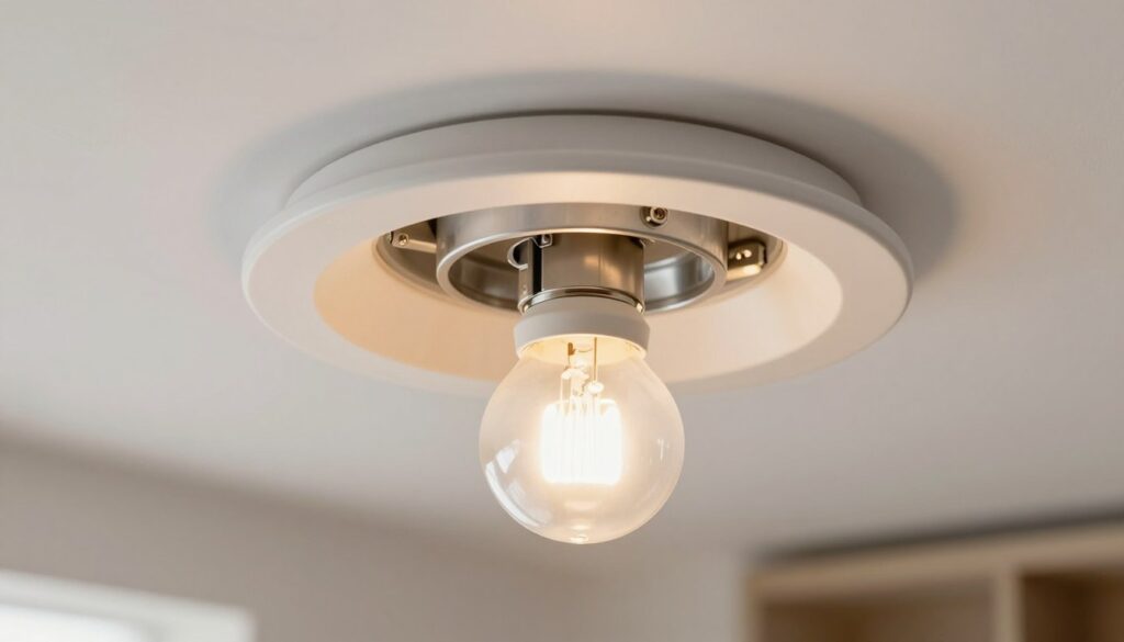 A close-up view of a modern recessed halogen light fixture in a ceiling, showcasing various types of mounting mechanisms. In the foreground, the halogen bulb is partially removed, highlighting its connection to the fixture. The light emitted from the bulb casts a warm, inviting glow, illuminating the sleek, white ceiling surface. In the middle ground, the distinctive design of the fixture is visible, with details like a metal reflector and the attachment hardware clearly defined. The background features a softly blurred interior space, suggesting a cozy room setting. The overall atmosphere is professional yet homey, emphasizing a focus on home improvement and maintenance. The lighting should accentuate the textures without any distracting elements. A close-up view of a modern recessed halogen light fixture in a ceiling, showcasing various types of mounting mechanisms. In the foreground, the halogen bulb is partially removed, highlighting its connection to the fixture. The light emitted from the bulb casts a warm, inviting glow, illuminating the sleek, white ceiling surface. In the middle ground, the distinctive design of the fixture is visible, with details like a metal reflector and the attachment hardware clearly defined. The background features a softly blurred interior space, suggesting a cozy room setting. The overall atmosphere is professional yet homey, emphasizing a focus on home improvement and maintenance. The lighting should accentuate the textures without any distracting elements.