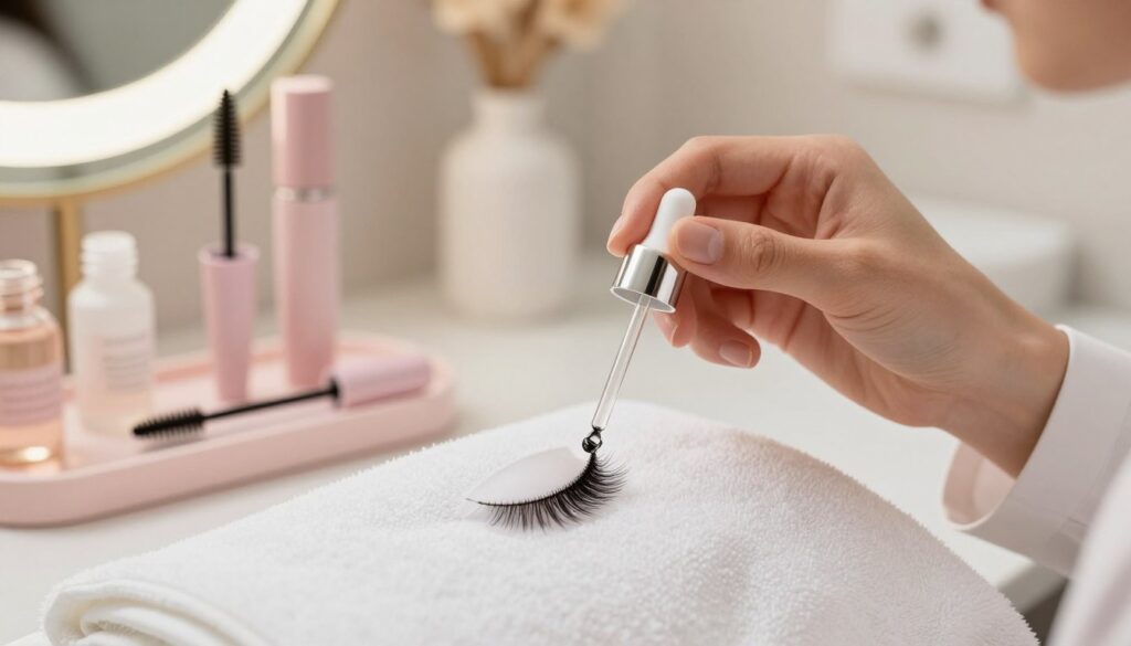 A close-up view of a pair of elegant, high-quality false eyelashes delicately resting on a soft, plush white towel. In the foreground, a gentle hand, dressed in a professional blouse, carefully holds a small bottle of gentle cleansing solution with a dropper, poised to apply drops on the lashes. In the middle ground, an aesthetically organized vanity with soft pastel colors, showcasing tools for eyelash care, such as a soft brush and a mascara wand, is displayed. The background features a softly blurred, warm-lit bathroom setting with elegant decor. The lighting is soft and diffused, creating a serene and calming atmosphere that conveys the idea of proper eyelash maintenance, emphasizing care and longevity. The overall mood is professional and soothing. A close-up view of a pair of elegant, high-quality false eyelashes delicately resting on a soft, plush white towel. In the foreground, a gentle hand, dressed in a professional blouse, carefully holds a small bottle of gentle cleansing solution with a dropper, poised to apply drops on the lashes. In the middle ground, an aesthetically organized vanity with soft pastel colors, showcasing tools for eyelash care, such as a soft brush and a mascara wand, is displayed. The background features a softly blurred, warm-lit bathroom setting with elegant decor. The lighting is soft and diffused, creating a serene and calming atmosphere that conveys the idea of proper eyelash maintenance, emphasizing care and longevity. The overall mood is professional and soothing.