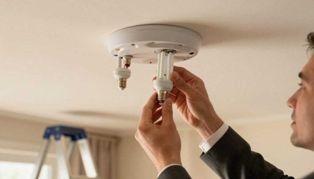 A close-up view of a person, dressed in professional business attire, carefully removing a halogen bulb from a ceiling fixture, showcasing different types of bulb bases. The foreground features the person's hands gently grasping the bulb, demonstrating proper technique with clear focus on the hand movement. In the middle ground, the ceiling fixture with various bulb types is visible, highlighting the diversity of connections. The background captures a softly lit room, with warm lighting creating an inviting atmosphere. A ladder is subtly placed to one side, adding context to the task. The camera angle is slightly tilted upward, emphasizing the height of the ceiling and the focus on the bulb removal process, while maintaining clarity and detail in the image, ensuring a professional yet approachable mood. A close-up view of a person, dressed in professional business attire, carefully removing a halogen bulb from a ceiling fixture, showcasing different types of bulb bases. The foreground features the person's hands gently grasping the bulb, demonstrating proper technique with clear focus on the hand movement. In the middle ground, the ceiling fixture with various bulb types is visible, highlighting the diversity of connections. The background captures a softly lit room, with warm lighting creating an inviting atmosphere. A ladder is subtly placed to one side, adding context to the task. The camera angle is slightly tilted upward, emphasizing the height of the ceiling and the focus on the bulb removal process, while maintaining clarity and detail in the image, ensuring a professional yet approachable mood.