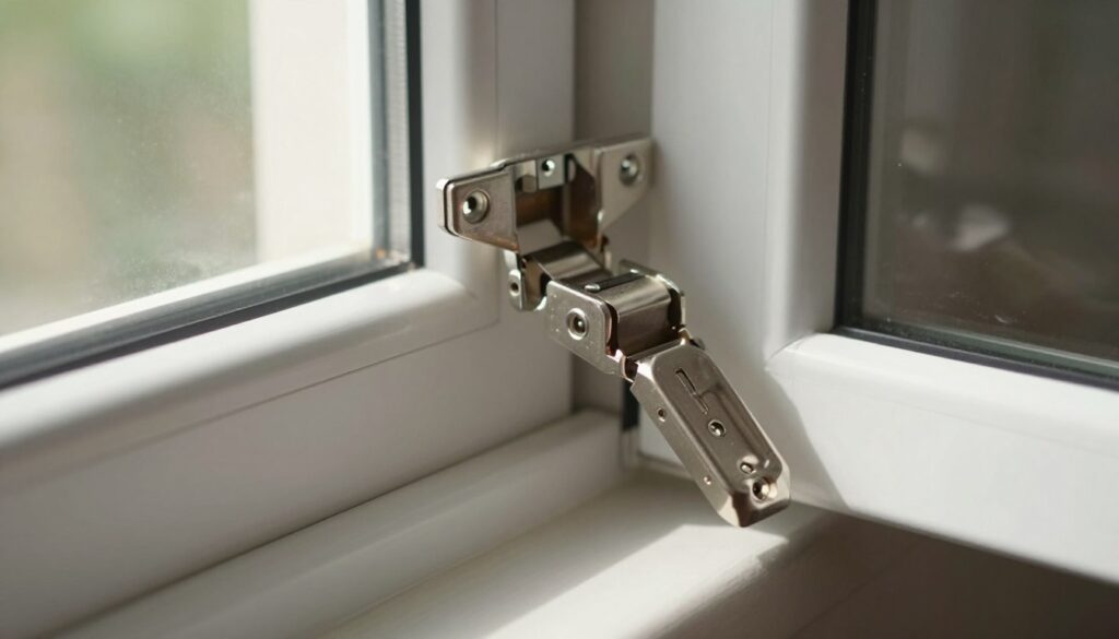 A close-up view of a plastic window hinge, showcasing its intricate design and functionality. In the foreground, focus on the hinge mechanism, highlighting the metal parts and lifting pins, detailed with light reflections to emphasize their metallic sheen. In the middle ground, subtly include a slightly opened window frame to illustrate the hinge in action, casting soft shadows that create a sense of depth. The background features a softly blurred interior of a home, with natural light streaming through the window, enhancing the atmosphere of a domestic setting. The overall mood should be informative and technical, suggesting a focus on DIY home improvement. Use natural lighting with a shallow depth of field to keep the hinge in sharp focus.