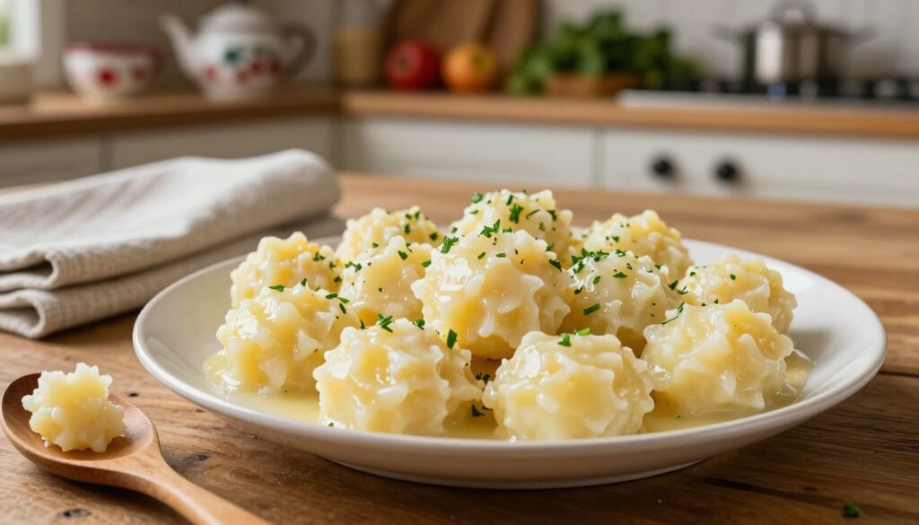 A close-up view of a plate of perfectly cooked kluski leniwe, creamy potato dumplings, gently glistening with a light dusting of fresh herbs. In the foreground, a wooden spoon rests slightly beside the plate, showing bits of fluffy dumpling and a rich, buttery sauce. The middle ground features a rustic wooden table, with a soft linen napkin folded neatly next to the plate. In the background, a warm kitchen ambiance, with blurred shelves filled with traditional Polish kitchenware and fresh ingredients, enhances the cozy feel. Soft, warm lighting bathes the entire scene, highlighting the textures of the dumplings and creating an inviting atmosphere that speaks of home-cooked comfort. The angle should be slightly above the plate for an enticing and appetizing look. A close-up view of a plate of perfectly cooked kluski leniwe, creamy potato dumplings, gently glistening with a light dusting of fresh herbs. In the foreground, a wooden spoon rests slightly beside the plate, showing bits of fluffy dumpling and a rich, buttery sauce. The middle ground features a rustic wooden table, with a soft linen napkin folded neatly next to the plate. In the background, a warm kitchen ambiance, with blurred shelves filled with traditional Polish kitchenware and fresh ingredients, enhances the cozy feel. Soft, warm lighting bathes the entire scene, highlighting the textures of the dumplings and creating an inviting atmosphere that speaks of home-cooked comfort. The angle should be slightly above the plate for an enticing and appetizing look.