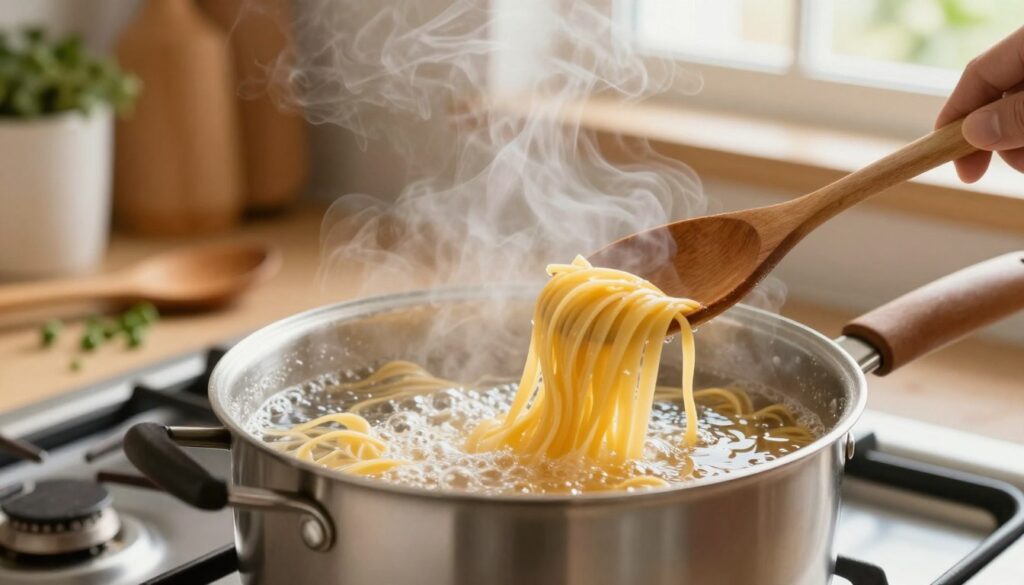 A close-up view of a pot of boiling water on a gas stove, with steam rising gracefully into the air. In the foreground, golden strands of pasta being gently lowered into the bubbling water, capturing the pivotal moment of cooking. The middle ground features a wooden spoon resting beside the pot, and fresh herbs sprinkled around for an inviting touch. The background displays a softly blurred kitchen setting, warm and cozy with natural sunlight streaming through a window, creating a soft glow. The atmosphere is lively yet calm, emphasizing the importance of boiling water for pasta's texture. The image should be crisp and vibrant, highlighting the steam and the movement of the pasta being immersed. A close-up view of a pot of boiling water on a gas stove, with steam rising gracefully into the air. In the foreground, golden strands of pasta being gently lowered into the bubbling water, capturing the pivotal moment of cooking. The middle ground features a wooden spoon resting beside the pot, and fresh herbs sprinkled around for an inviting touch. The background displays a softly blurred kitchen setting, warm and cozy with natural sunlight streaming through a window, creating a soft glow. The atmosphere is lively yet calm, emphasizing the importance of boiling water for pasta's texture. The image should be crisp and vibrant, highlighting the steam and the movement of the pasta being immersed.