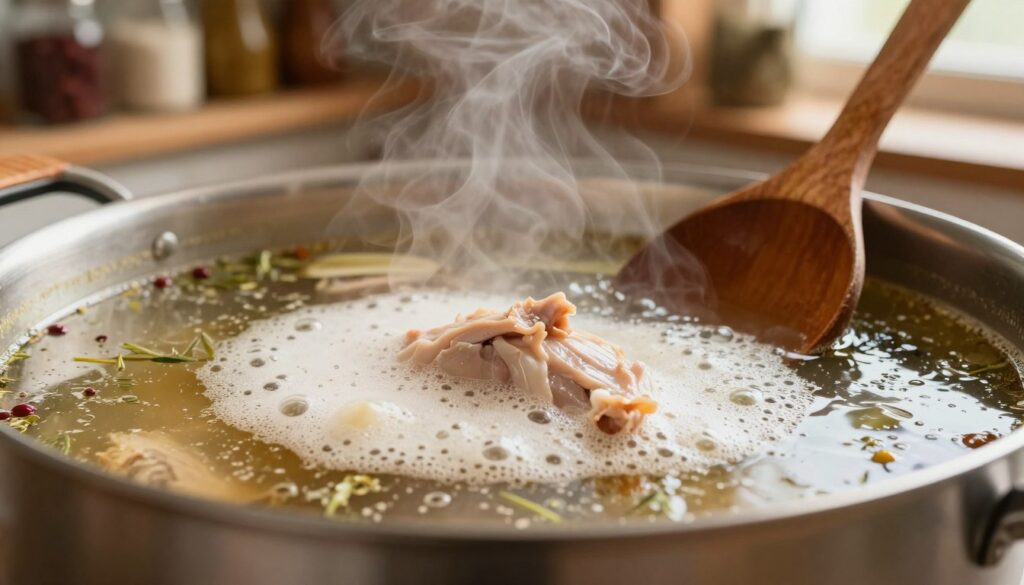 A close-up view of a pot of freshly made chicken broth, showcasing a layer of "szumowiny" (the foam that rises to the top), with delicate wisps of steam billowing upwards. In the foreground, the shimmer of the broth's surface highlights the light, airy texture of the foam, while small herbs and spices float just beneath. In the middle ground, a wooden ladle rests against the edge of the pot, hinting at traditional cooking methods. The background is softly blurred, revealing a warm kitchen atmosphere with rustic wooden shelves lined with spices and cooking utensils. The lighting should be warm and inviting, simulating sunlight streaming through a window, creating an atmosphere that feels homely and comforting. The composition should evoke a sense of culinary tradition and nurturing.