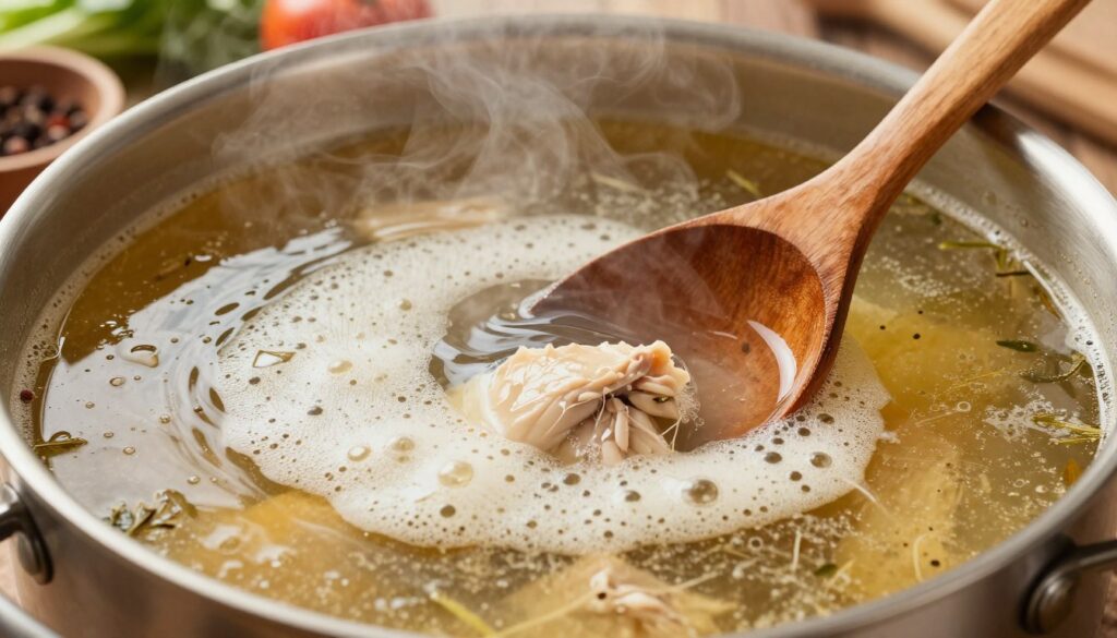 A close-up view of a pot of rich, simmering chicken broth, with a layer of delicate, frothy impurities known as "szumowiny" gently rising to the surface. In the foreground, a wooden ladle stirs the broth, creating gentle ripples that disturb the szumowiny. The broth is golden and dotted with herbs, reflecting warm, natural lighting that highlights the texture and steam rising from the pot. In the background, soft-focus kitchen elements like fresh vegetables and spices add a homey atmosphere. The overall mood is warm and inviting, conveying the essence of traditional cooking. Choose a slightly elevated angle to capture the layers and richness of the soup, enhancing the feeling of depth and warmth in the scene.