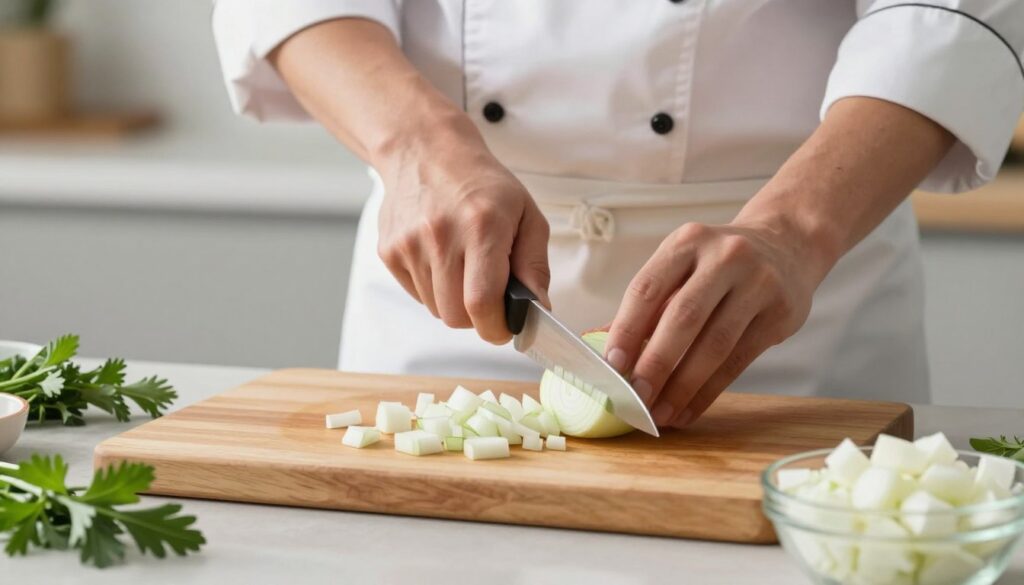 A close-up view of a pristine kitchen counter featuring a skilled chef in modest casual attire, expertly chopping a fresh onion into uniform dice. The foreground highlights a sharp chef's knife glinting under soft, natural light, with meticulously cut onion pieces scattered artistically around. In the middle, a vibrant wooden cutting board adds warmth, while fresh herbs and a bowl of diced onions create an inviting atmosphere. The background is slightly blurred to emphasize the action, showcasing a clean and organized kitchen setting with soft, neutral tones. The overall mood is focused and professional, conveying a sense of efficiency and cleanliness in preparing ingredients without hassle. A close-up view of a pristine kitchen counter featuring a skilled chef in modest casual attire, expertly chopping a fresh onion into uniform dice. The foreground highlights a sharp chef's knife glinting under soft, natural light, with meticulously cut onion pieces scattered artistically around. In the middle, a vibrant wooden cutting board adds warmth, while fresh herbs and a bowl of diced onions create an inviting atmosphere. The background is slightly blurred to emphasize the action, showcasing a clean and organized kitchen setting with soft, neutral tones. The overall mood is focused and professional, conveying a sense of efficiency and cleanliness in preparing ingredients without hassle.