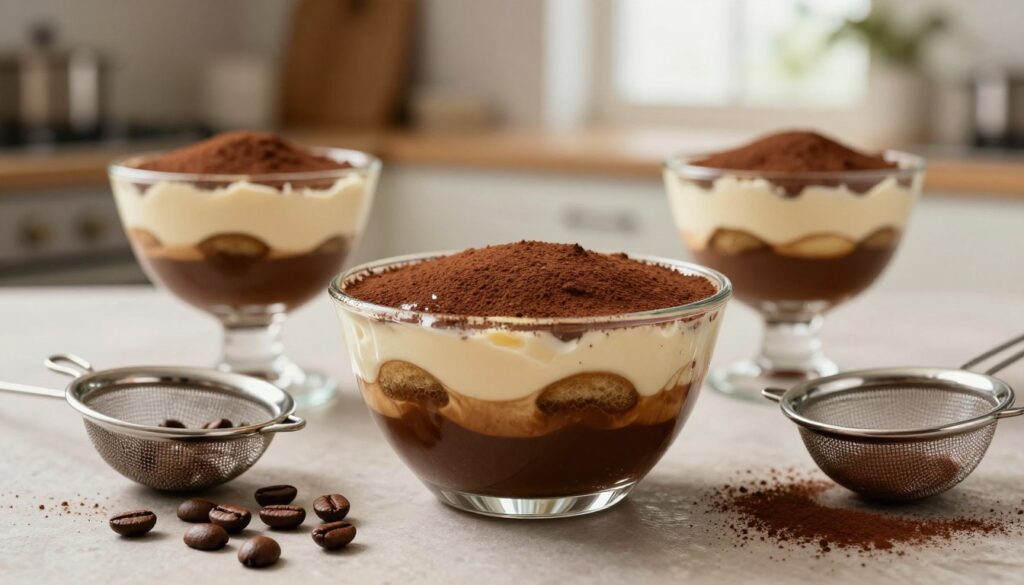 A close-up view of a rich, dark coffee base for tiramisu, showcasing the glossy, textured surface of freshly brewed espresso in a glass bowl. In the foreground, scattered coffee beans glisten on the table, alongside a delicate sieve dusted with cocoa powder. The middle ground features elegant, sparkling glassware filled with layers of the coffee mixture, while soft, cream-colored layers of mascarpone cheese peek through. In the background, a warm, inviting kitchen setting is softly illuminated by natural light filtering through a window, enhancing the cozy atmosphere. The overall composition exudes a sense of sophistication and warmth, perfect for a culinary masterpiece.