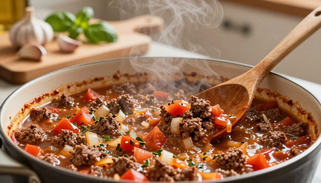 A close-up view of a simmering meat sauce in a rustic pot, showcasing ground beef, diced tomatoes, finely chopped onions, and herbs like basil and oregano. The sauce bubbles invitingly, with steam rising, hinting at its rich aroma. In the foreground, a wooden spoon rests beside the pot, glistening with sauce, inviting the viewer to taste. The middle ground features a wooden cutting board with scattered ingredients such as garlic cloves and fresh basil. In the background, a warm kitchen atmosphere creates a cozy and inviting mood, with soft, diffused lighting illuminating the scene. The image captures the essence of a hearty, flavorful meat sauce, ideal for a lasagna-style dish. A close-up view of a simmering meat sauce in a rustic pot, showcasing ground beef, diced tomatoes, finely chopped onions, and herbs like basil and oregano. The sauce bubbles invitingly, with steam rising, hinting at its rich aroma. In the foreground, a wooden spoon rests beside the pot, glistening with sauce, inviting the viewer to taste. The middle ground features a wooden cutting board with scattered ingredients such as garlic cloves and fresh basil. In the background, a warm kitchen atmosphere creates a cozy and inviting mood, with soft, diffused lighting illuminating the scene. The image captures the essence of a hearty, flavorful meat sauce, ideal for a lasagna-style dish.
