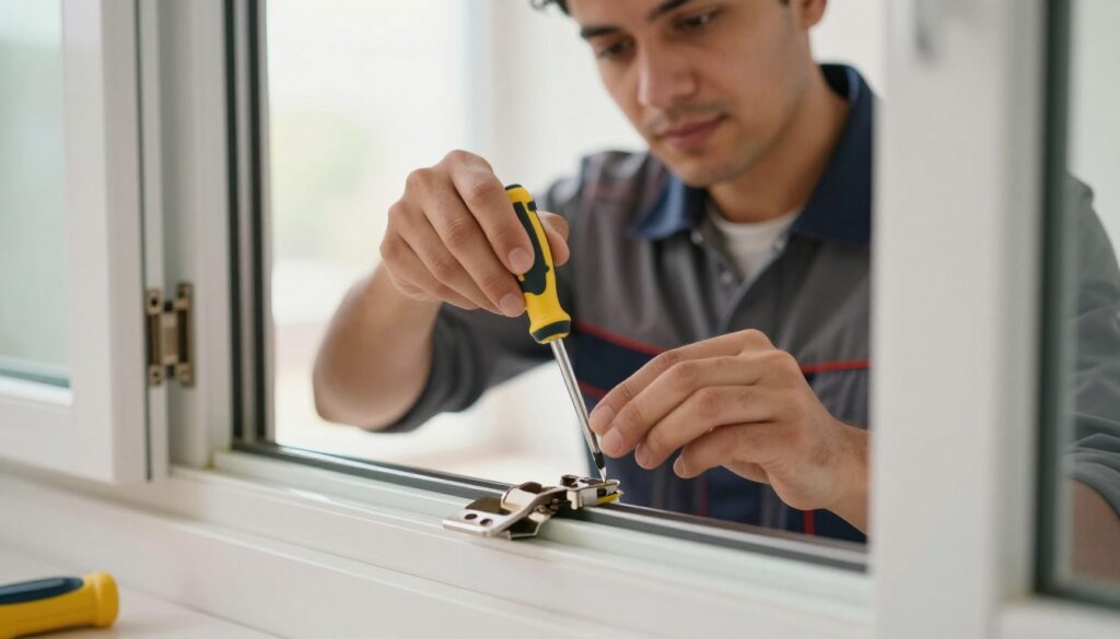 A close-up view of a skilled technician carefully removing a plastic window from its hinges in a bright, well-lit room. The technician, dressed in professional attire, exhibits a focused expression as they handle tools safely, ensuring precision. In the foreground, the window hinge is prominently displayed, showing intricate mechanical details. The middle layer captures the technician's hands working with a screwdriver, emphasizing the action of unscrewing. In the background, soft natural light streams through an open window, creating a warm and inviting atmosphere. The scene should convey a sense of safety and professionalism, with a focus on the careful dismantling process of the plastic window.