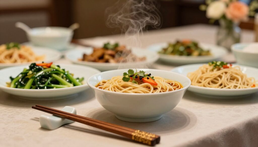 A close-up view of an elegantly set dining table featuring beautiful chopstick etiquette. In the foreground, a pair of intricately designed wooden chopsticks rests on a delicate ceramic holder, with a bowl of steaming noodles and vegetables in the center. The middle ground showcases the diverse textures of the food, including vibrant greens, inviting noodles, and an array of colorful garnishes, all hinting at an authentic Asian dining experience. The background features soft, ambient lighting that creates a warm, inviting atmosphere, with a blurred view of additional table settings and decorative elements, such as floral arrangements. Capture the serene mood of a refined dining experience, emphasizing the elegant presentation and proper use of chopsticks without any text or distractions. A close-up view of an elegantly set dining table featuring beautiful chopstick etiquette. In the foreground, a pair of intricately designed wooden chopsticks rests on a delicate ceramic holder, with a bowl of steaming noodles and vegetables in the center. The middle ground showcases the diverse textures of the food, including vibrant greens, inviting noodles, and an array of colorful garnishes, all hinting at an authentic Asian dining experience. The background features soft, ambient lighting that creates a warm, inviting atmosphere, with a blurred view of additional table settings and decorative elements, such as floral arrangements. Capture the serene mood of a refined dining experience, emphasizing the elegant presentation and proper use of chopsticks without any text or distractions.