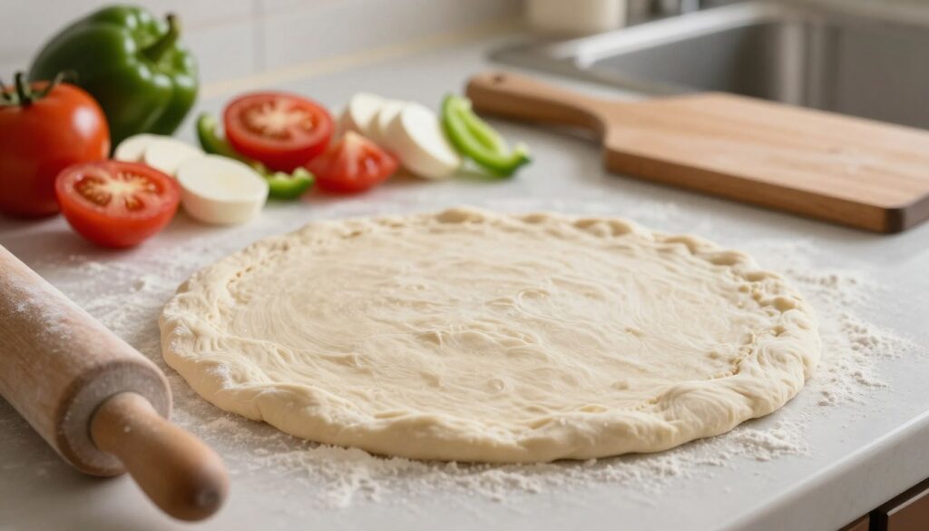 A close-up view of an uncooked pizza dough, freshly rolled out but not allowed to rise. The dough should be thick and slightly uneven, with visible texture and a pale, unbaked color that highlights its raw state. In the foreground, add a dusting of flour around the dough and a rolling pin leaning against the side. In the middle, showcase an assortment of toppings including vibrant tomatoes, green bell peppers, and slices of mozzarella cheese, artfully arranged as if about to be placed on the dough. In the background, a wooden pizza peel and a kitchen countertop illuminated by soft, warm lighting create a cozy, inviting atmosphere. Emphasize a homely, rustic kitchen setting to evoke a sense of culinary exploration and innovation. A close-up view of an uncooked pizza dough, freshly rolled out but not allowed to rise. The dough should be thick and slightly uneven, with visible texture and a pale, unbaked color that highlights its raw state. In the foreground, add a dusting of flour around the dough and a rolling pin leaning against the side. In the middle, showcase an assortment of toppings including vibrant tomatoes, green bell peppers, and slices of mozzarella cheese, artfully arranged as if about to be placed on the dough. In the background, a wooden pizza peel and a kitchen countertop illuminated by soft, warm lighting create a cozy, inviting atmosphere. Emphasize a homely, rustic kitchen setting to evoke a sense of culinary exploration and innovation.