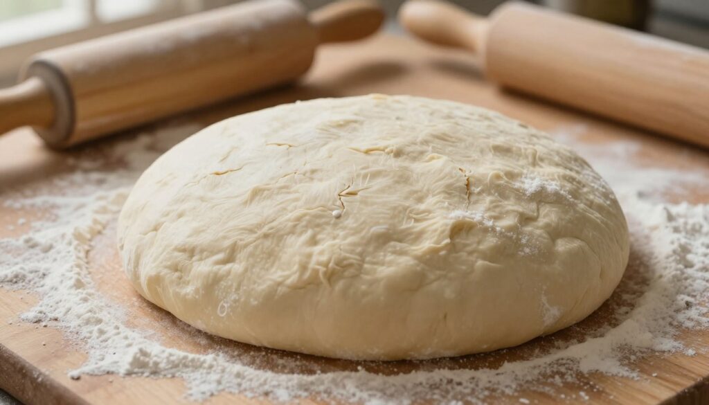 A close-up view of an unrisen pizza dough ball, measuring around six inches in diameter, resting on a floured wooden surface. The dough is smooth yet slightly dense, with small cracks forming on its surface, indicating insufficient rising. In the background, a rolling pin and scattered flour add context to the preparation process. The scene is illuminated by warm, natural light filtering through a nearby window, casting soft shadows that enhance the textures of the dough. Capturing a sense of rustic kitchen charm, the image evokes a mood of culinary challenge and exploration. The focus should be crisp on the dough, with a shallow depth of field to slightly blur the background elements, creating a visually appealing and informative representation. A close-up view of an unrisen pizza dough ball, measuring around six inches in diameter, resting on a floured wooden surface. The dough is smooth yet slightly dense, with small cracks forming on its surface, indicating insufficient rising. In the background, a rolling pin and scattered flour add context to the preparation process. The scene is illuminated by warm, natural light filtering through a nearby window, casting soft shadows that enhance the textures of the dough. Capturing a sense of rustic kitchen charm, the image evokes a mood of culinary challenge and exploration. The focus should be crisp on the dough, with a shallow depth of field to slightly blur the background elements, creating a visually appealing and informative representation.