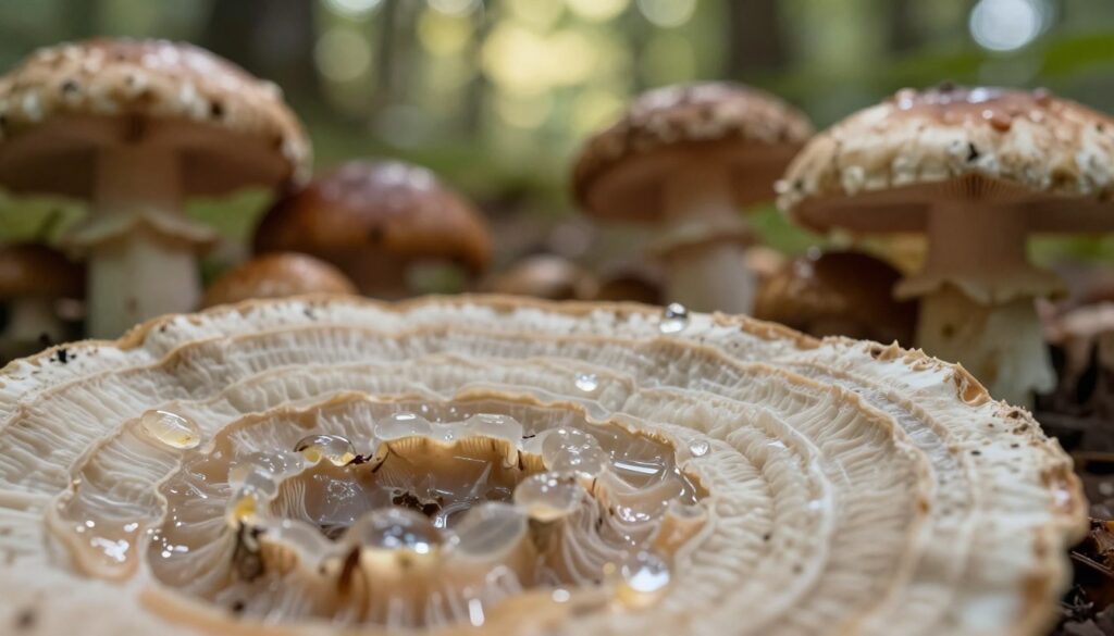 A close-up view of chitin in mushroom cell structures, highlighting its intricate, textured surfaces. In the foreground, showcase detailed mushroom slices revealing translucent, chitin-rich layers, with droplets of moisture shimmering on them. The middle ground should feature a blurred assortment of various mushrooms, emphasizing natural colors and textures, creating a contrast between the vibrant caps and the fibrous chitin. In the background, a soft-focus forest scene with diffused sunlight filtering through leaves, casting gentle shadows, contributing to a warm, organic atmosphere. The overall mood should evoke curiosity and an appreciation for the complexity of fungal biology, with soft lighting to enhance the textures and details of chitin. A close-up view of chitin in mushroom cell structures, highlighting its intricate, textured surfaces. In the foreground, showcase detailed mushroom slices revealing translucent, chitin-rich layers, with droplets of moisture shimmering on them. The middle ground should feature a blurred assortment of various mushrooms, emphasizing natural colors and textures, creating a contrast between the vibrant caps and the fibrous chitin. In the background, a soft-focus forest scene with diffused sunlight filtering through leaves, casting gentle shadows, contributing to a warm, organic atmosphere. The overall mood should evoke curiosity and an appreciation for the complexity of fungal biology, with soft lighting to enhance the textures and details of chitin.