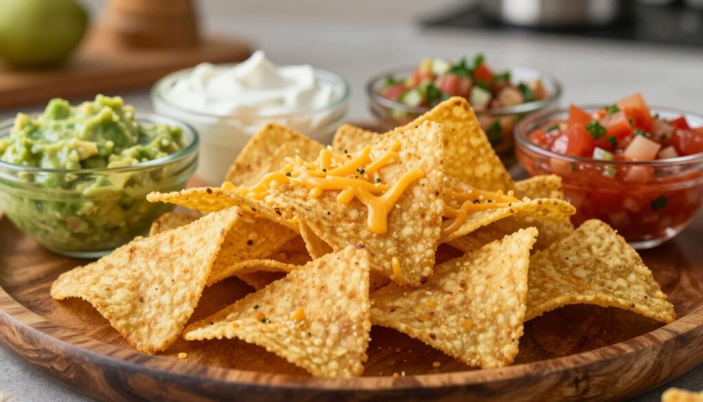 A close-up view of freshly baked nachos made from golden tortilla chips, piled high on a rustic wooden platter. The chips are crunchy and lightly golden, glistening with a sprinkle of melted cheddar cheese. Surrounding the nachos are vibrant bowls of colorful dips: rich guacamole, smooth sour cream, and spicy salsa, all arranged artfully. In the background, softly blurred kitchen elements give a warm, inviting atmosphere, illuminated by gentle, natural lighting. The angle captures the texture of the chips and the fresh ingredients used, evoking a cozy gathering mood. This composition highlights the delicious appeal of nachos as a perfect snack for sharing. A close-up view of freshly baked nachos made from golden tortilla chips, piled high on a rustic wooden platter. The chips are crunchy and lightly golden, glistening with a sprinkle of melted cheddar cheese. Surrounding the nachos are vibrant bowls of colorful dips: rich guacamole, smooth sour cream, and spicy salsa, all arranged artfully. In the background, softly blurred kitchen elements give a warm, inviting atmosphere, illuminated by gentle, natural lighting. The angle captures the texture of the chips and the fresh ingredients used, evoking a cozy gathering mood. This composition highlights the delicious appeal of nachos as a perfect snack for sharing.