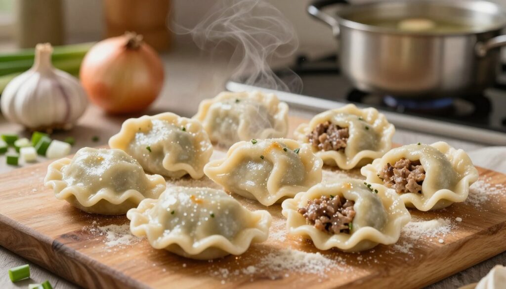A close-up view of freshly made pierogi filled with savory meat, glistening with a light sheen from being boiled and lightly pan-fried. The pierogi are arranged artfully on a rustic wooden table, surrounded by ingredients such as finely chopped onions, garlic, and herbs, creating a backdrop that emphasizes the homemade aspect. Soft, warm lighting illuminates the scene, highlighting the textures of the dough and the juicy filling. A hint of steam rises from the pierogi, suggesting warmth and comfort, while a blurred kitchen scene in the background includes a pot of broth simmering on the stove. The overall atmosphere is inviting and homely, perfect for showcasing a traditional Polish dish. A close-up view of freshly made pierogi filled with savory meat, glistening with a light sheen from being boiled and lightly pan-fried. The pierogi are arranged artfully on a rustic wooden table, surrounded by ingredients such as finely chopped onions, garlic, and herbs, creating a backdrop that emphasizes the homemade aspect. Soft, warm lighting illuminates the scene, highlighting the textures of the dough and the juicy filling. A hint of steam rises from the pierogi, suggesting warmth and comfort, while a blurred kitchen scene in the background includes a pot of broth simmering on the stove. The overall atmosphere is inviting and homely, perfect for showcasing a traditional Polish dish.