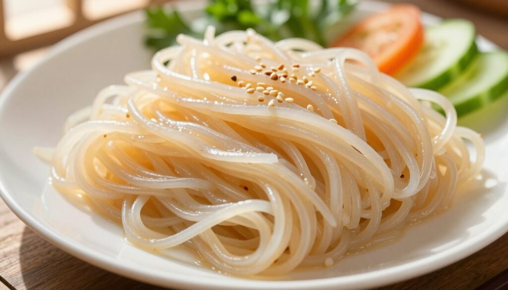 A close-up view of perfectly cooked rice noodles, glistening in a light sheen and arranged elegantly on a white plate. The noodles should be slightly tangled, showcasing their unique texture and translucence. In the background, soft-focus ingredients like fresh herbs, sliced vegetables, and a sprinkle of sesame seeds add a hint of color and freshness. The lighting is warm and inviting, with natural sunlight streaming in from the left, creating gentle shadows that enhance the depth of the scene. The overall mood is calm and appetizing, evoking the anticipation of a delicious meal. The angle is slightly above the plate, emphasizing the noodles' delicate form while maintaining a clean and uncluttered composition. A close-up view of perfectly cooked rice noodles, glistening in a light sheen and arranged elegantly on a white plate. The noodles should be slightly tangled, showcasing their unique texture and translucence. In the background, soft-focus ingredients like fresh herbs, sliced vegetables, and a sprinkle of sesame seeds add a hint of color and freshness. The lighting is warm and inviting, with natural sunlight streaming in from the left, creating gentle shadows that enhance the depth of the scene. The overall mood is calm and appetizing, evoking the anticipation of a delicious meal. The angle is slightly above the plate, emphasizing the noodles' delicate form while maintaining a clean and uncluttered composition.