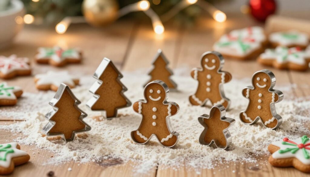 A collection of intricately designed 3D gingerbread cookie cutters, displayed prominently in the foreground. The cutters showcase various festive shapes like stars, Christmas trees, and gingerbread men, all made from shiny metal. In the middle ground, an inviting wooden surface is covered with flour and colorful icing decorations. In the background, soft, warm fairy lights twinkle, creating a cozy holiday atmosphere. The scene is illuminated by gentle, diffused lighting to enhance the warm colors and textures. Captured from a slightly overhead angle, the image conveys a festive and joyful mood, ideal for showcasing the charm of 3D gingerbread cookie cutters during the holiday season. A collection of intricately designed 3D gingerbread cookie cutters, displayed prominently in the foreground. The cutters showcase various festive shapes like stars, Christmas trees, and gingerbread men, all made from shiny metal. In the middle ground, an inviting wooden surface is covered with flour and colorful icing decorations. In the background, soft, warm fairy lights twinkle, creating a cozy holiday atmosphere. The scene is illuminated by gentle, diffused lighting to enhance the warm colors and textures. Captured from a slightly overhead angle, the image conveys a festive and joyful mood, ideal for showcasing the charm of 3D gingerbread cookie cutters during the holiday season.