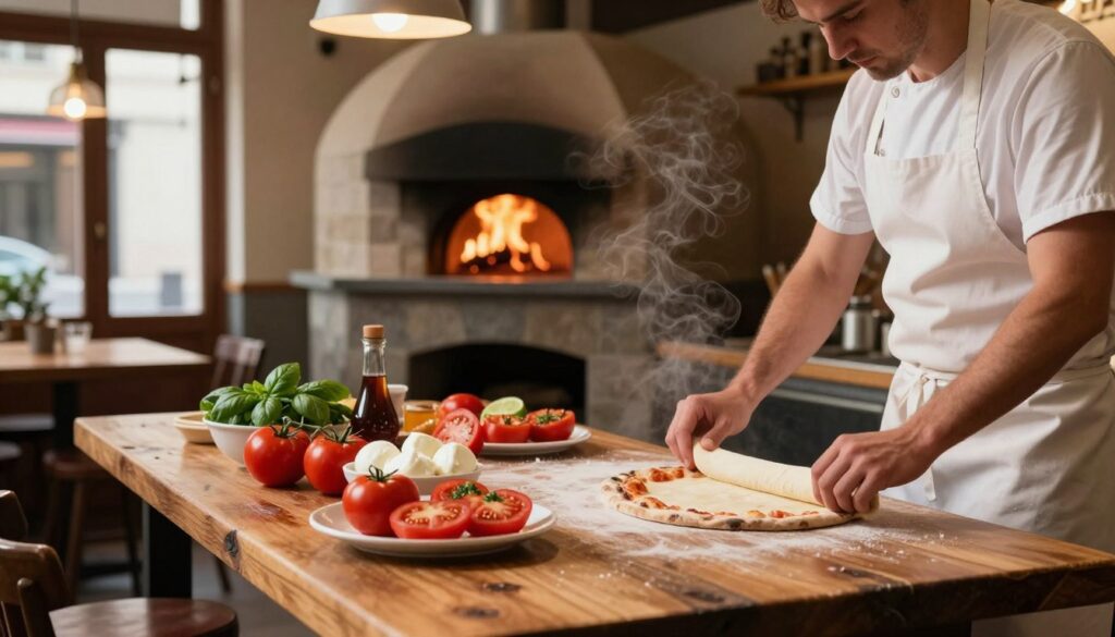 A cozy Italian pizzeria interior, focusing on a rustic wooden table adorned with fresh ingredients for pizza-making. In the foreground, a skilled chef in a white apron carefully stretches pizza dough, while inviting aromas waft through the air. In the middle, vibrant toppings like ripe tomatoes, fresh basil, and creamy mozzarella are arranged beautifully. The background reveals a stone oven with flames flickering, enhancing the warm glow of the space. Soft, ambient light spills in from large, open windows, illuminating the scene and creating a welcoming atmosphere. The mood is lively yet intimate, capturing the essence of finding the best pizza at a reasonable price. A cozy Italian pizzeria interior, focusing on a rustic wooden table adorned with fresh ingredients for pizza-making. In the foreground, a skilled chef in a white apron carefully stretches pizza dough, while inviting aromas waft through the air. In the middle, vibrant toppings like ripe tomatoes, fresh basil, and creamy mozzarella are arranged beautifully. The background reveals a stone oven with flames flickering, enhancing the warm glow of the space. Soft, ambient light spills in from large, open windows, illuminating the scene and creating a welcoming atmosphere. The mood is lively yet intimate, capturing the essence of finding the best pizza at a reasonable price.