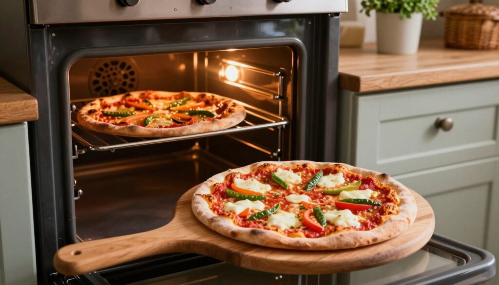 A cozy home kitchen scene focused on a pizza being baked in an oven. In the foreground, a wooden pizza peel holds a freshly made pizza with vibrant toppings, including rich tomato sauce, melted mozzarella, and colorful vegetables. In the middle, the open oven displays a golden-brown crust with a crispy edge, basking in the warm glow of the oven light. The background features rustic kitchen elements, such as pots and herbs, enhancing the inviting atmosphere. The lighting is soft and warm, creating a comfortable ambiance. The angle captures the pizza at eye level, drawing attention to its texture and color, emphasizing the importance of cooking time and temperature for achieving that perfect crust. A cozy home kitchen scene focused on a pizza being baked in an oven. In the foreground, a wooden pizza peel holds a freshly made pizza with vibrant toppings, including rich tomato sauce, melted mozzarella, and colorful vegetables. In the middle, the open oven displays a golden-brown crust with a crispy edge, basking in the warm glow of the oven light. The background features rustic kitchen elements, such as pots and herbs, enhancing the inviting atmosphere. The lighting is soft and warm, creating a comfortable ambiance. The angle captures the pizza at eye level, drawing attention to its texture and color, emphasizing the importance of cooking time and temperature for achieving that perfect crust.