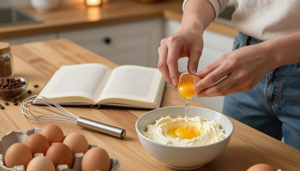 A cozy kitchen scene depicting the process of preparing eggs for tiramisu. In the foreground, a wooden countertop is adorned with fresh eggs, an elegant whisk, and a bowl filled with creamy mascarpone. A pair of hands, clad in modest casual attire, delicately separates the egg yolks from the whites, emphasizing the careful technique. In the middle ground, a recipe book is slightly open to a page detailing egg preparation methods. The background features warm, ambient lighting illuminating the kitchen, with spices like cocoa and coffee beans subtly arranged nearby, adding to the dessert atmosphere. The overall mood is inviting and instructional, reflecting a practical guide for safe dessert preparation. A cozy kitchen scene depicting the process of preparing eggs for tiramisu. In the foreground, a wooden countertop is adorned with fresh eggs, an elegant whisk, and a bowl filled with creamy mascarpone. A pair of hands, clad in modest casual attire, delicately separates the egg yolks from the whites, emphasizing the careful technique. In the middle ground, a recipe book is slightly open to a page detailing egg preparation methods. The background features warm, ambient lighting illuminating the kitchen, with spices like cocoa and coffee beans subtly arranged nearby, adding to the dessert atmosphere. The overall mood is inviting and instructional, reflecting a practical guide for safe dessert preparation.