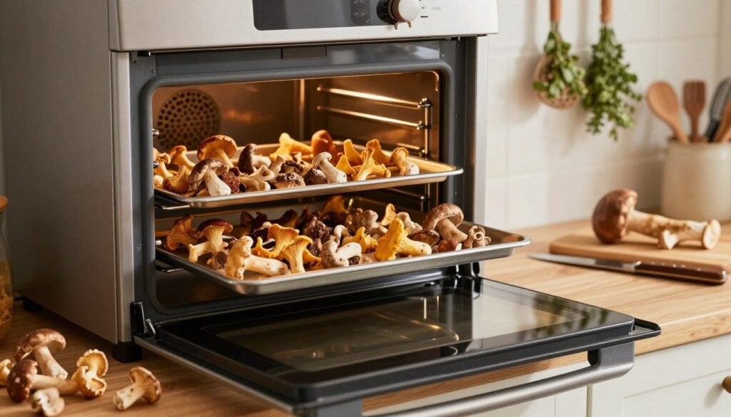 A cozy kitchen scene featuring a modern oven with the door slightly open, revealing trays of various wild mushrooms arranged neatly inside, gently drying. The mushrooms are draped throughout the oven, showcasing a mix of shapes and sizes, including chanterelles, porcini, and shiitake, with a warm golden light illuminating their textures. In the foreground, a wooden countertop is scattered with freshly harvested mushrooms and a cutting board with a knife, evoking the preparation process. In the background, soft bokeh of kitchen utensils and herbs hanging on the wall create a warm, inviting atmosphere. The overall mood is rustic and homey, highlighting the careful and traditional method of oven drying mushrooms with convection heat. A cozy kitchen scene featuring a modern oven with the door slightly open, revealing trays of various wild mushrooms arranged neatly inside, gently drying. The mushrooms are draped throughout the oven, showcasing a mix of shapes and sizes, including chanterelles, porcini, and shiitake, with a warm golden light illuminating their textures. In the foreground, a wooden countertop is scattered with freshly harvested mushrooms and a cutting board with a knife, evoking the preparation process. In the background, soft bokeh of kitchen utensils and herbs hanging on the wall create a warm, inviting atmosphere. The overall mood is rustic and homey, highlighting the careful and traditional method of oven drying mushrooms with convection heat.