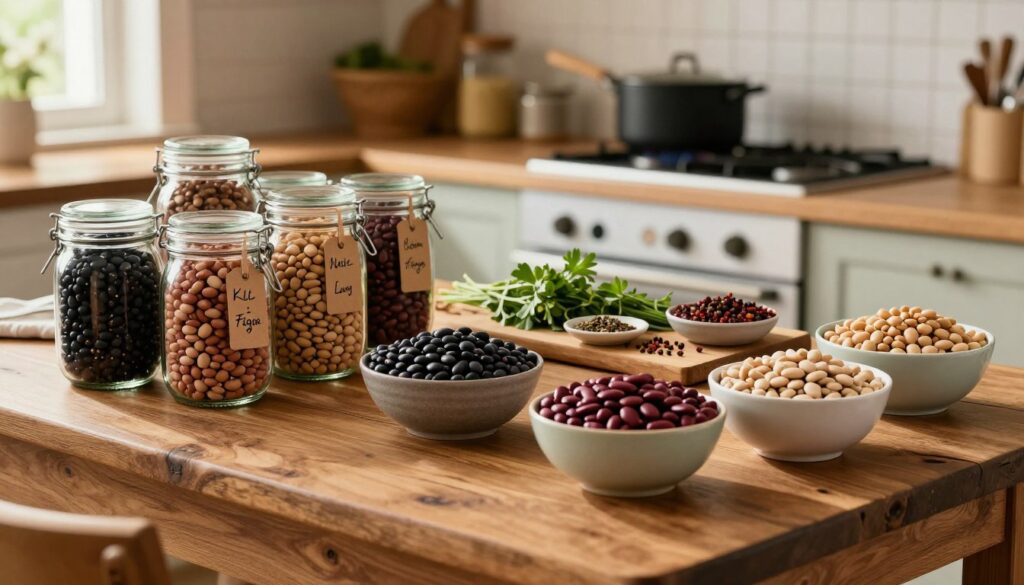 A cozy kitchen scene featuring a rustic wooden table with beautifully arranged bowls of prepared beans, showcasing varying textures and colors. In the foreground, a neatly stacked collection of glass jars filled with different types of cooked beans—black, pinto, and kidney—each labeled with hand-written tags. In the middle, a small cutting board displays an assortment of fresh herbs and spices meant for flavoring. In the background, softly blurred kitchen elements like a pot simmering on the stove and a window with natural light streaming in, creating a warm, inviting atmosphere. The lighting is soft and warm, emphasizing the freshness and vibrancy of the ingredients, lending an organic feel to the overall scene. The angle captures both the table and the inviting kitchen ambiance perfectly. A cozy kitchen scene featuring a rustic wooden table with beautifully arranged bowls of prepared beans, showcasing varying textures and colors. In the foreground, a neatly stacked collection of glass jars filled with different types of cooked beans—black, pinto, and kidney—each labeled with hand-written tags. In the middle, a small cutting board displays an assortment of fresh herbs and spices meant for flavoring. In the background, softly blurred kitchen elements like a pot simmering on the stove and a window with natural light streaming in, creating a warm, inviting atmosphere. The lighting is soft and warm, emphasizing the freshness and vibrancy of the ingredients, lending an organic feel to the overall scene. The angle captures both the table and the inviting kitchen ambiance perfectly.