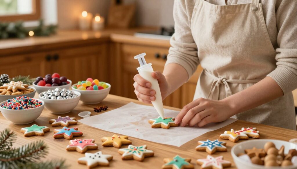 A cozy kitchen scene featuring a table adorned with freshly baked gingerbread cookies waiting to be decorated. In the foreground, a pair of hands, wearing a light apron and modest attire, carefully pipes colorful icing onto a star-shaped cookie. The middle of the composition includes an array of decorative toppings such as sprinkles, candied fruits, and silver dragees, all vibrantly displayed in small bowls. The background reveals warm, soft lighting that casts a comforting glow over the scene, highlighting the rustic wooden cabinetry and a hanging garland of dried spices, enhancing the holiday charm. The atmosphere is festive and inviting, emphasizing the joy of creating beautiful treats while maintaining freshness.