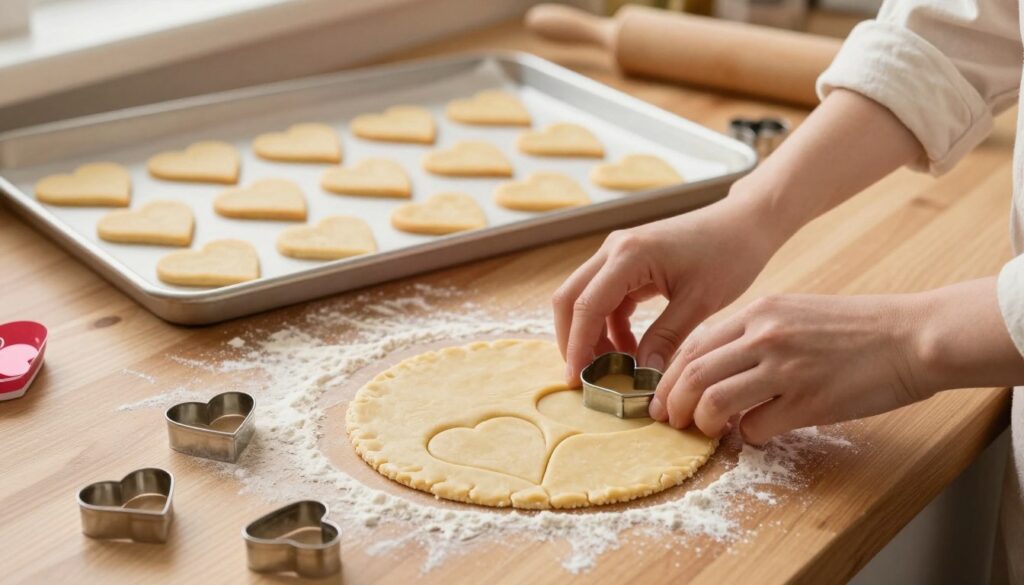 A cozy kitchen scene featuring a wooden countertop covered in a light dusting of flour. In the foreground, a rolling pin rests beside neatly rolled out dough shaped like hearts, with small heart-shaped cookie cutters scattered around. A pair of hands, clad in light cotton sleeves, gently presses down on a cutter to create perfect heart shapes. The middle layer showcases a tray filled with freshly cut heart cookies, ready for decoration. Soft, warm lighting illuminates the scene, creating a welcoming and romantic atmosphere. In the background, subtle hints of Valentine's Day decor, like red and pink accents, can be seen, evoking the feeling of a sweet holiday treat. The overall mood is cheerful and inviting, perfect for a Valentine’s Day baking theme. A cozy kitchen scene featuring a wooden countertop covered in a light dusting of flour. In the foreground, a rolling pin rests beside neatly rolled out dough shaped like hearts, with small heart-shaped cookie cutters scattered around. A pair of hands, clad in light cotton sleeves, gently presses down on a cutter to create perfect heart shapes. The middle layer showcases a tray filled with freshly cut heart cookies, ready for decoration. Soft, warm lighting illuminates the scene, creating a welcoming and romantic atmosphere. In the background, subtle hints of Valentine's Day decor, like red and pink accents, can be seen, evoking the feeling of a sweet holiday treat. The overall mood is cheerful and inviting, perfect for a Valentine’s Day baking theme.