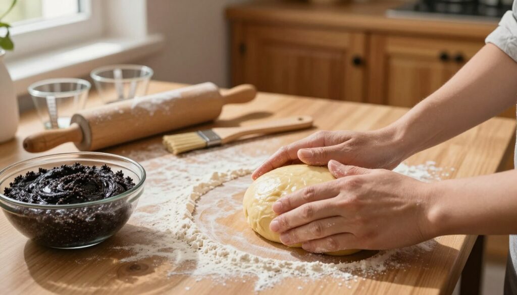 A cozy kitchen scene featuring the preparation of dough for a makowiec, showcasing a wooden countertop scattered with flour. In the foreground, a pair of hands gently knead a smooth, golden dough, glistening with a touch of moisture. To the side, a bowl is filled with a rich, dark poppy seed filling, its texture creamy and inviting. In the middle ground, various baking tools such as a rolling pin, measuring cups, and a pastry brush are arranged neatly, adding a sense of order. The background depicts warm wooden cabinets, softly lit by natural sunlight streaming through a window, casting gentle shadows. The mood is homely and inviting, capturing the essence of traditional baking with a focus on achieving the perfect moisture in the cake. A cozy kitchen scene featuring the preparation of dough for a makowiec, showcasing a wooden countertop scattered with flour. In the foreground, a pair of hands gently knead a smooth, golden dough, glistening with a touch of moisture. To the side, a bowl is filled with a rich, dark poppy seed filling, its texture creamy and inviting. In the middle ground, various baking tools such as a rolling pin, measuring cups, and a pastry brush are arranged neatly, adding a sense of order. The background depicts warm wooden cabinets, softly lit by natural sunlight streaming through a window, casting gentle shadows. The mood is homely and inviting, capturing the essence of traditional baking with a focus on achieving the perfect moisture in the cake.