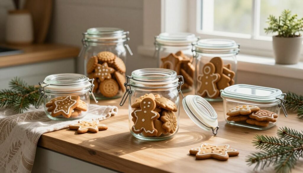 A cozy kitchen scene focused on a variety of beautifully decorated gingerbread cookies, strategically placed in glass jars and airtight containers to illustrate ideal storage practices. In the foreground, a glass jar filled with gingerbread cookies is opened, revealing the cookies' intricate patterns. Surrounding the jar are smaller containers with various sealing methods, highlighting the importance of airtight storage. The middle ground features a quaint wooden table adorned with a warm cloth and small pine branches, creating a homey atmosphere. In the background, soft, diffused natural light shines in from a nearby window, casting gentle shadows and enhancing the inviting mood. The angle captures the scene at a slight elevation, emphasizing both the cookies and their storage containers.
