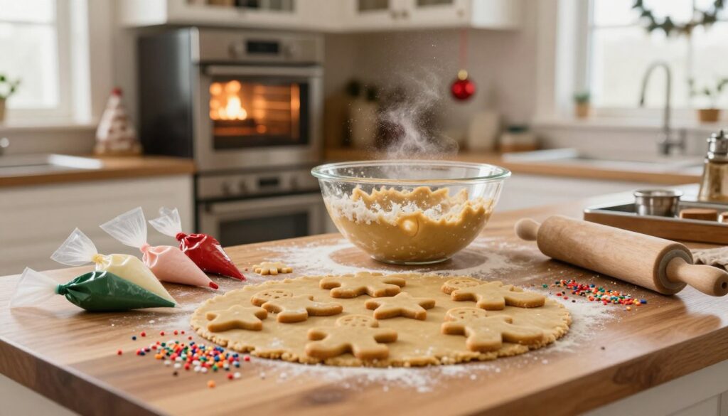 A cozy kitchen scene focused on the preparation of holiday cookies. In the foreground, there are freshly cut gingerbread shapes on a wooden countertop, surrounded by colorful sprinkles, icing bags, and a rolling pin. The middle ground showcases a mixing bowl filled with cookie dough, with flour dust lightly settling around it. In the background, a warm oven glows, and decorative holiday ornaments hang from the cabinets, casting a festive atmosphere. Soft, natural lighting enters through a window, highlighting the textures of the dough and sprinkles. The composition evokes a joyful and inviting mood, emphasizing the delightful process of cookie decoration for the festive season. A cozy kitchen scene focused on the preparation of holiday cookies. In the foreground, there are freshly cut gingerbread shapes on a wooden countertop, surrounded by colorful sprinkles, icing bags, and a rolling pin. The middle ground showcases a mixing bowl filled with cookie dough, with flour dust lightly settling around it. In the background, a warm oven glows, and decorative holiday ornaments hang from the cabinets, casting a festive atmosphere. Soft, natural lighting enters through a window, highlighting the textures of the dough and sprinkles. The composition evokes a joyful and inviting mood, emphasizing the delightful process of cookie decoration for the festive season.