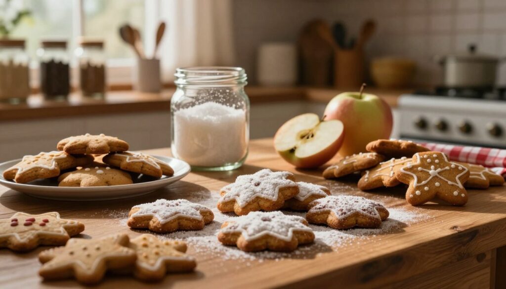 A cozy kitchen scene focusing on a variety of gingerbread cookies laid out on a wooden table. In the foreground, there is a plate of slightly soft, freshly stored gingerbread cookies, some with a light dusting of powdered sugar. The middle ground showcases a glass jar filled with sugar and slices of apple, hinting at popular methods for softening cookies. Ambient, warm lighting filters through a window, casting soft shadows and a gentle glow on the cookies. The background reveals a rustic kitchen setting, with wooden shelves lined with spices, baking tools, and a hint of holiday decorations. The mood is warm and inviting, evoking a sense of comfort and nostalgia associated with baking traditions. A cozy kitchen scene focusing on a variety of gingerbread cookies laid out on a wooden table. In the foreground, there is a plate of slightly soft, freshly stored gingerbread cookies, some with a light dusting of powdered sugar. The middle ground showcases a glass jar filled with sugar and slices of apple, hinting at popular methods for softening cookies. Ambient, warm lighting filters through a window, casting soft shadows and a gentle glow on the cookies. The background reveals a rustic kitchen setting, with wooden shelves lined with spices, baking tools, and a hint of holiday decorations. The mood is warm and inviting, evoking a sense of comfort and nostalgia associated with baking traditions.