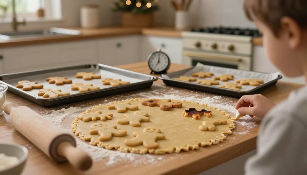 A cozy kitchen scene focusing on the common mistakes made when baking gingerbread cookies. In the foreground, an assortment of gingerbread dough pieces with uneven shapes, some burned, and a few that have spread too much. A rolling pin and flour are scattered around. In the middle ground, a baking tray with imperfectly decorated gingerbread cookies and another with a timer set incorrectly showing time left. The background features a warm, inviting kitchen with soft lighting, a rustic oven, and festive decorations. The mood is a mix of warmth and gentle chaos, illustrating the process of learning from baking errors. Capture this scene with a slightly over-the-shoulder perspective, emphasizing the baking activity. A cozy kitchen scene focusing on the common mistakes made when baking gingerbread cookies. In the foreground, an assortment of gingerbread dough pieces with uneven shapes, some burned, and a few that have spread too much. A rolling pin and flour are scattered around. In the middle ground, a baking tray with imperfectly decorated gingerbread cookies and another with a timer set incorrectly showing time left. The background features a warm, inviting kitchen with soft lighting, a rustic oven, and festive decorations. The mood is a mix of warmth and gentle chaos, illustrating the process of learning from baking errors. Capture this scene with a slightly over-the-shoulder perspective, emphasizing the baking activity.