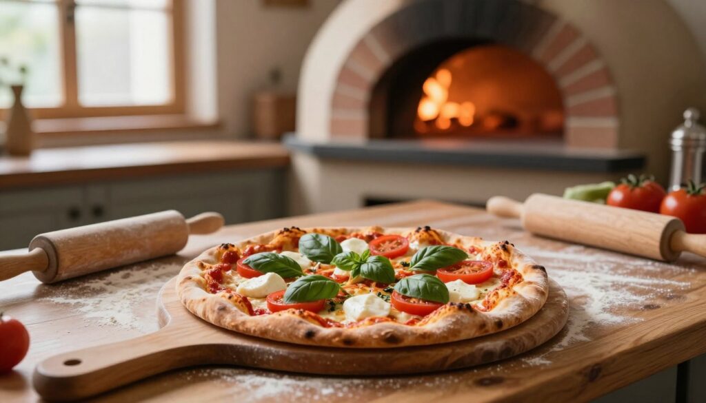 A cozy kitchen scene showcasing a freshly baked pizza on a wooden pizza peel, with a golden, crispy crust and vibrant toppings like fresh basil, mozzarella, and tomatoes. In the background, a traditional brick oven glows with warm, inviting orange light, indicating the perfect baking temperature. Soft, natural light filters through a window, illuminating the counter filled with flour, a rolling pin, and ingredients for pizza preparation, adding a homely feel. The composition is shot from a slightly elevated angle to capture the details of the pizza, emphasizing its texture. The atmosphere is warm and inviting, creating a sense of home-cooked comfort and culinary delight. A cozy kitchen scene showcasing a freshly baked pizza on a wooden pizza peel, with a golden, crispy crust and vibrant toppings like fresh basil, mozzarella, and tomatoes. In the background, a traditional brick oven glows with warm, inviting orange light, indicating the perfect baking temperature. Soft, natural light filters through a window, illuminating the counter filled with flour, a rolling pin, and ingredients for pizza preparation, adding a homely feel. The composition is shot from a slightly elevated angle to capture the details of the pizza, emphasizing its texture. The atmosphere is warm and inviting, creating a sense of home-cooked comfort and culinary delight.