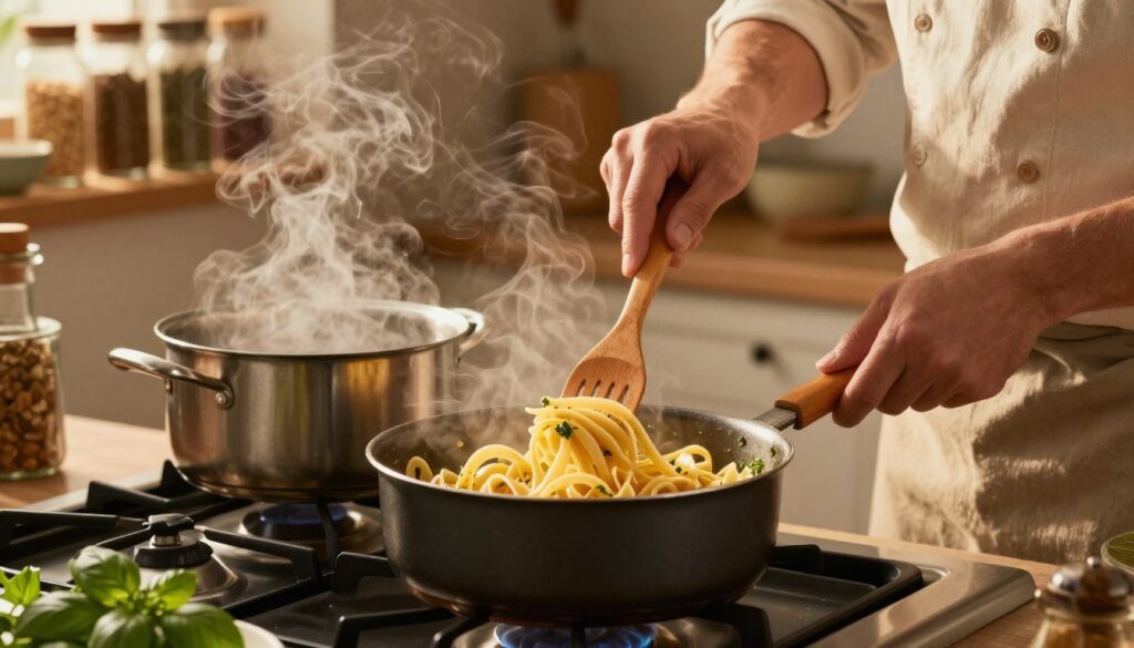 A cozy kitchen scene showcasing a pot of pasta being reheated on the stove. In the foreground, a chef in a modest casual shirt carefully stirs the pasta with a wooden fork, ensuring it's evenly heated without sticking together. The pasta glistens with a touch of olive oil and is surrounded by fresh herbs like basil and parsley, adding a pop of color. In the middle ground, a simmering pot emits steam, indicating warmth and inviting aroma. The background features kitchen shelves lined with spice jars and a warm, inviting atmosphere created by soft, golden lighting. The image conveys a sense of care and culinary expertise in achieving the perfect pasta texture. A cozy kitchen scene showcasing a pot of pasta being reheated on the stove. In the foreground, a chef in a modest casual shirt carefully stirs the pasta with a wooden fork, ensuring it's evenly heated without sticking together. The pasta glistens with a touch of olive oil and is surrounded by fresh herbs like basil and parsley, adding a pop of color. In the middle ground, a simmering pot emits steam, indicating warmth and inviting aroma. The background features kitchen shelves lined with spice jars and a warm, inviting atmosphere created by soft, golden lighting. The image conveys a sense of care and culinary expertise in achieving the perfect pasta texture.