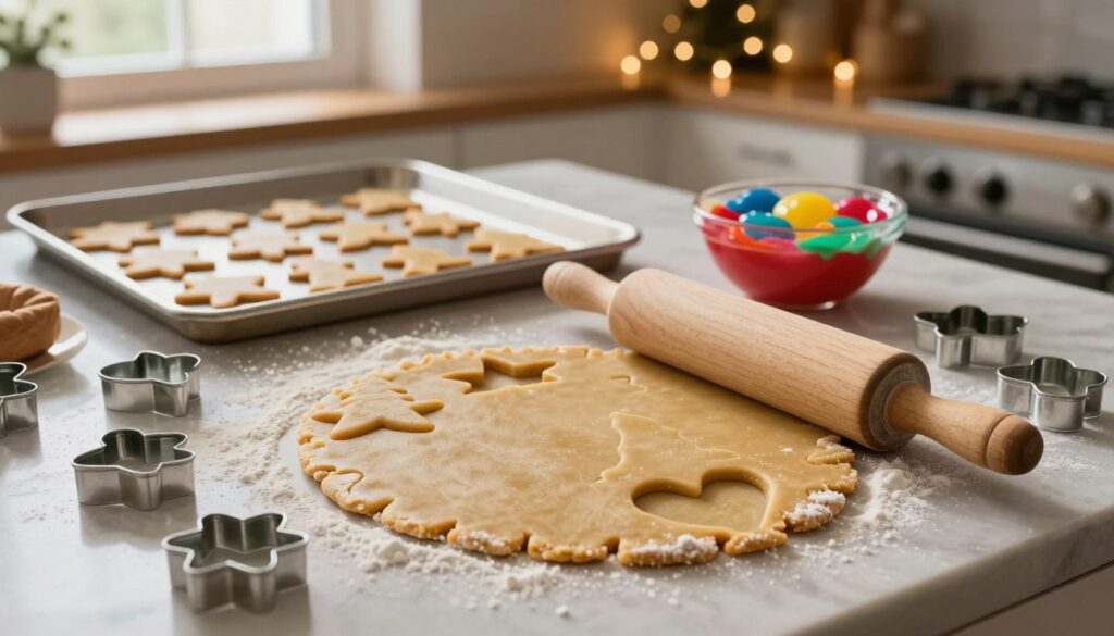 A cozy kitchen scene showcasing freshly rolled-out gingerbread dough, surrounded by an array of festive cookie cutters in various shapes like stars, trees, and hearts. In the foreground, a wooden rolling pin rests on the dough, dusted with flour, highlighting the texture of the well-prepared gingerbread. In the middle ground, a metallic baking sheet is ready to receive the cut-out cookies, and a bowl of vibrant colored icing sits nearby, emphasizing the joy of decorating. The background features warm, inviting kitchen décor with twinkling fairy lights, evoking a festive atmosphere. Soft, diffused natural light streams in through a window, casting gentle shadows that enhance the warm, inviting mood of this holiday baking moment. A cozy kitchen scene showcasing freshly rolled-out gingerbread dough, surrounded by an array of festive cookie cutters in various shapes like stars, trees, and hearts. In the foreground, a wooden rolling pin rests on the dough, dusted with flour, highlighting the texture of the well-prepared gingerbread. In the middle ground, a metallic baking sheet is ready to receive the cut-out cookies, and a bowl of vibrant colored icing sits nearby, emphasizing the joy of decorating. The background features warm, inviting kitchen décor with twinkling fairy lights, evoking a festive atmosphere. Soft, diffused natural light streams in through a window, casting gentle shadows that enhance the warm, inviting mood of this holiday baking moment.